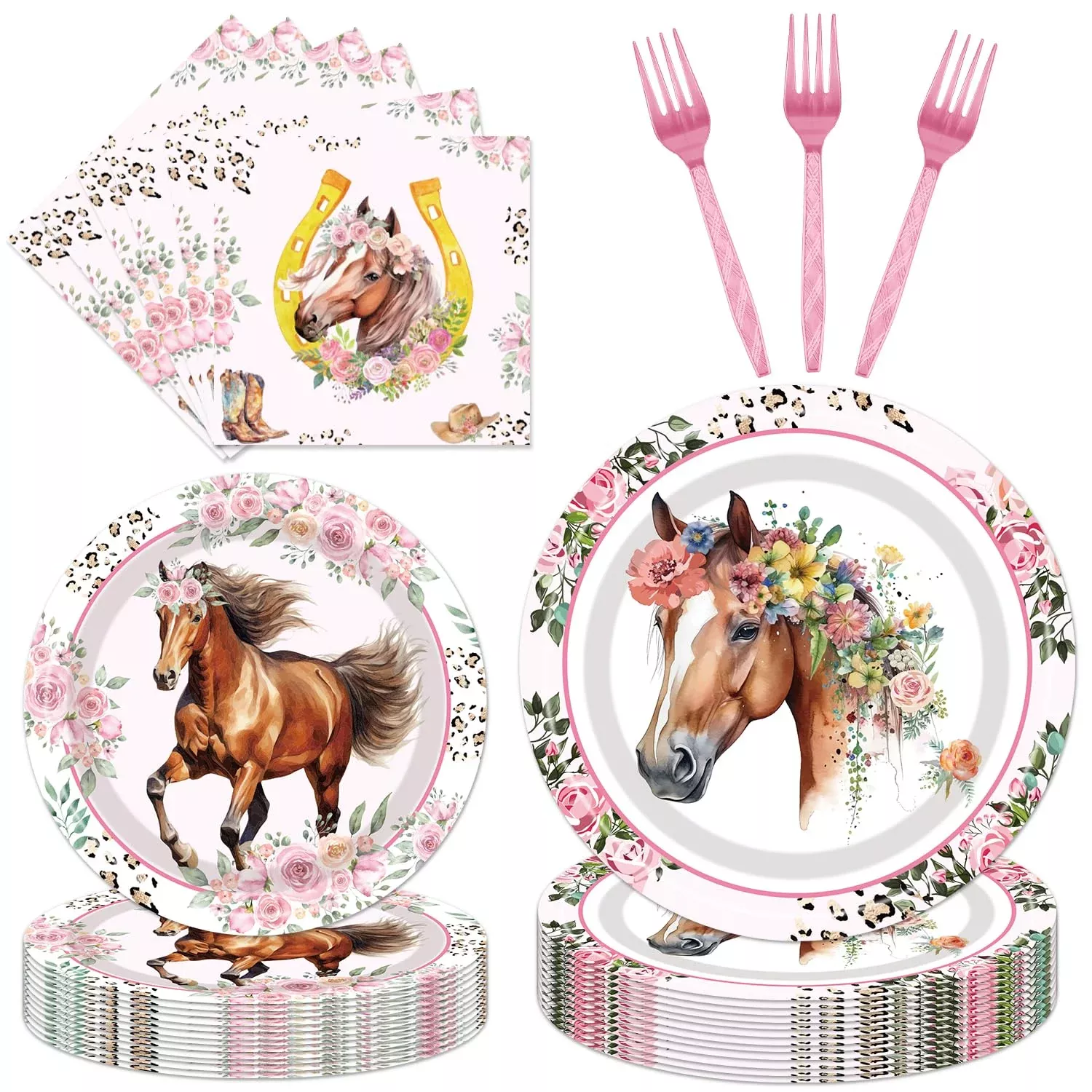 EngoEagle Horse Party Tableware Set for 24 Guests, Pink, 96 P