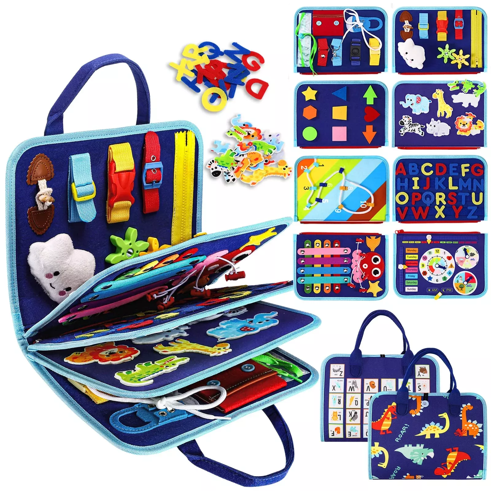 Esjay Busy Board for Toddlers, Blue Dinosaur, Medium Size