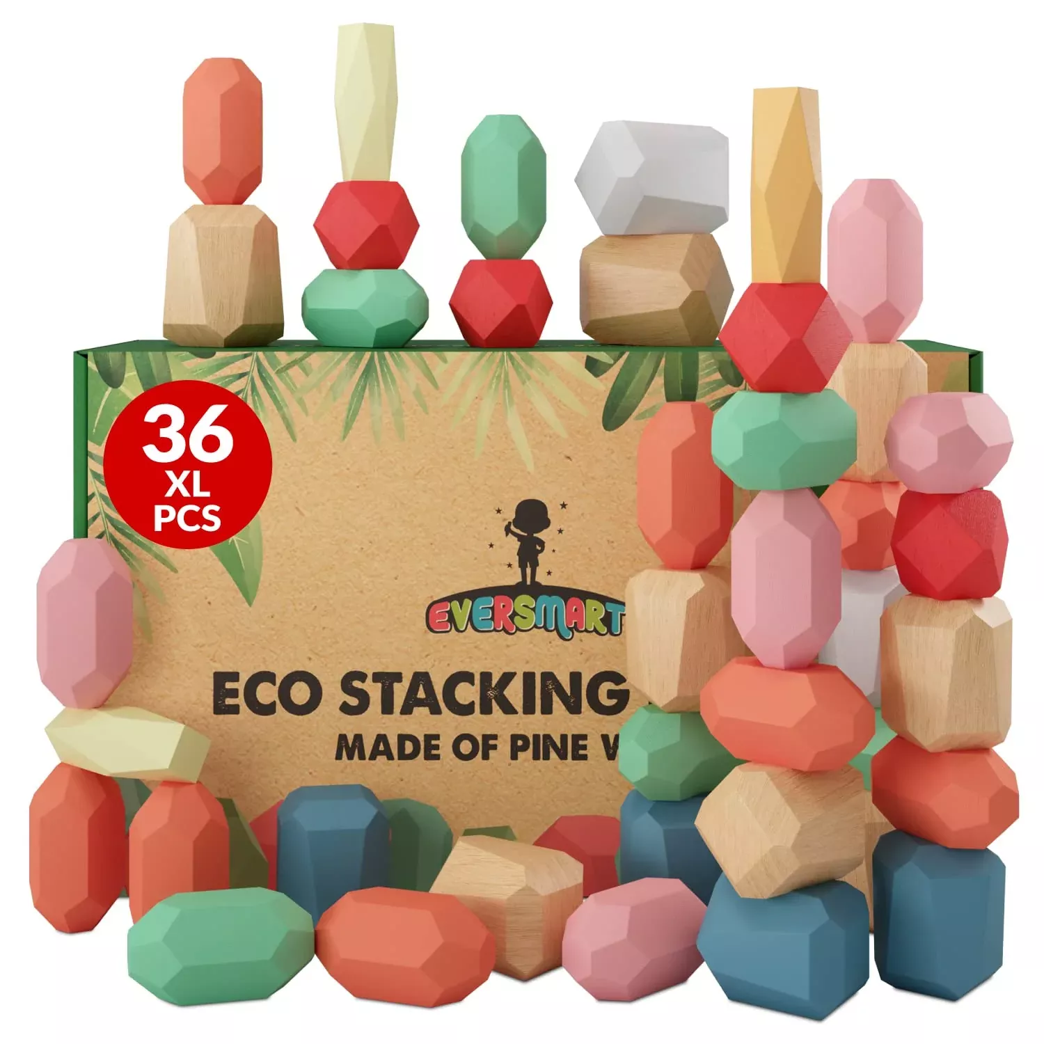 EVERSMART Wooden Stacking Rocks for Toddlers, 36 XL Multicolor Blocks