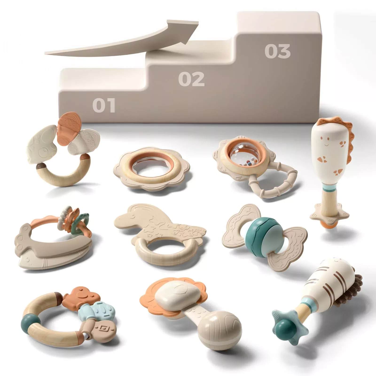 Evoceler Baby Rattle & Teething Toys Set - 10 Pcs, Food-