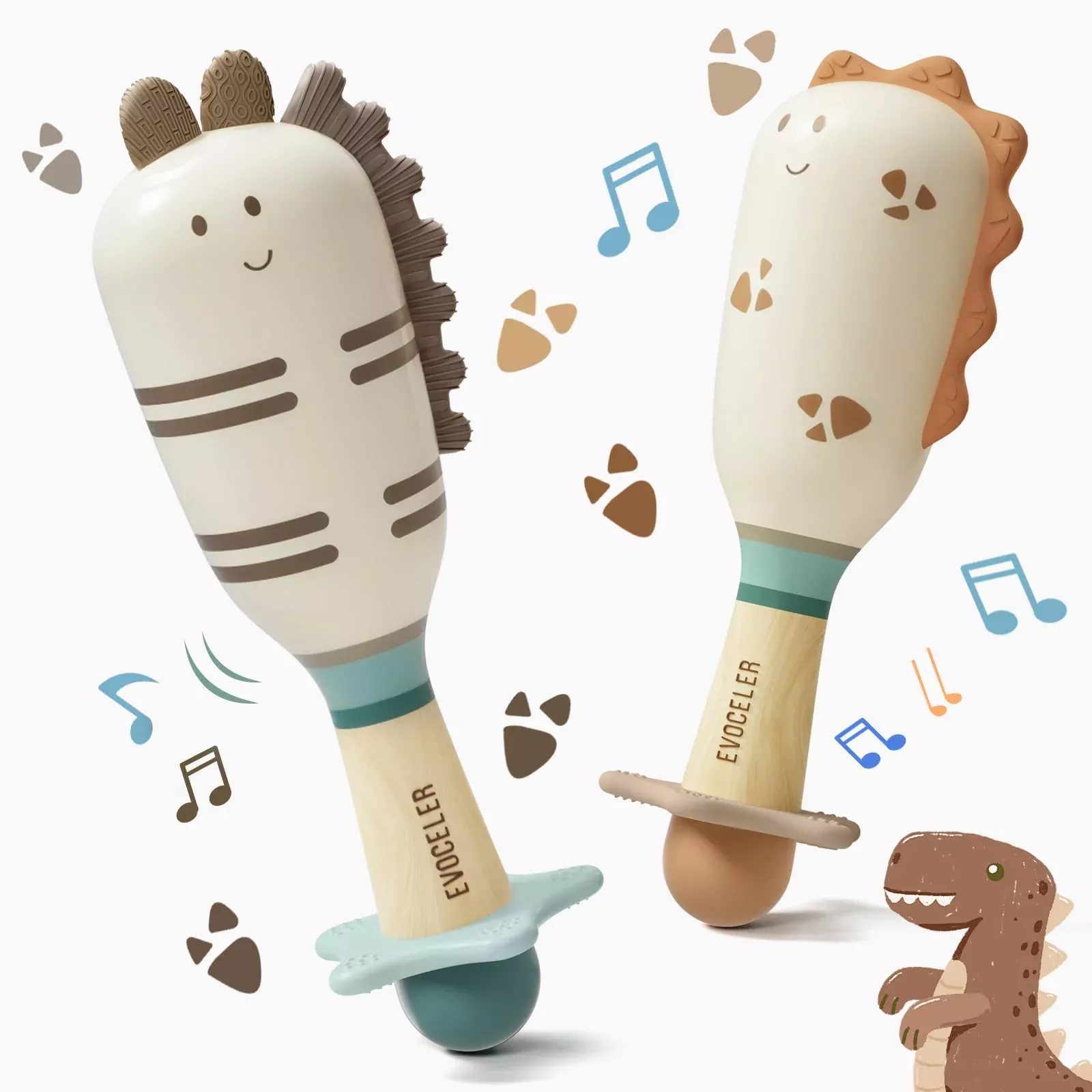 Evoceler Dinosaur Rattle Toys for Babies - Teething & Shaking - 2 Pack