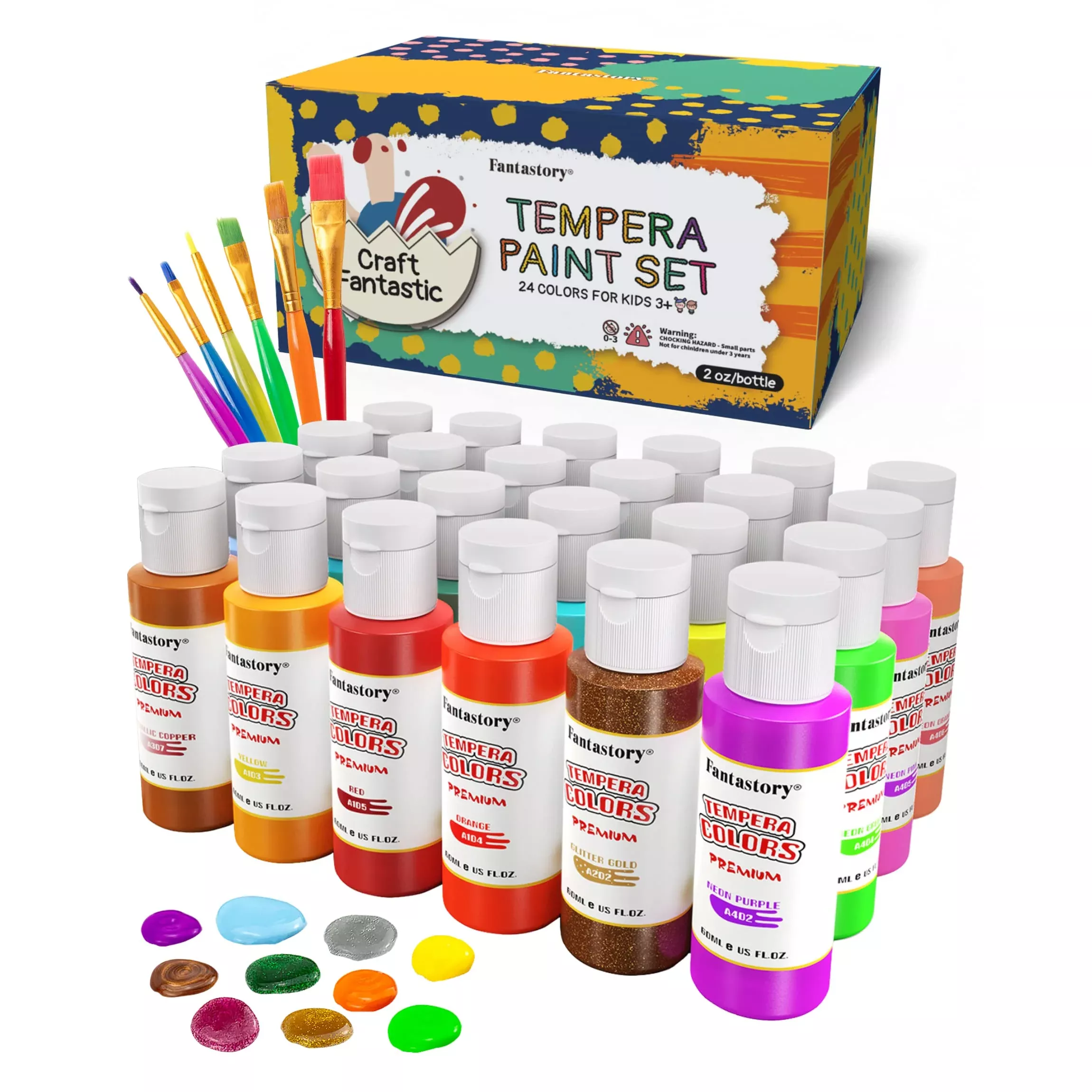 Fantastory Tempera Paint for Kids 24 Colors 2 oz Washable Non-Toxic