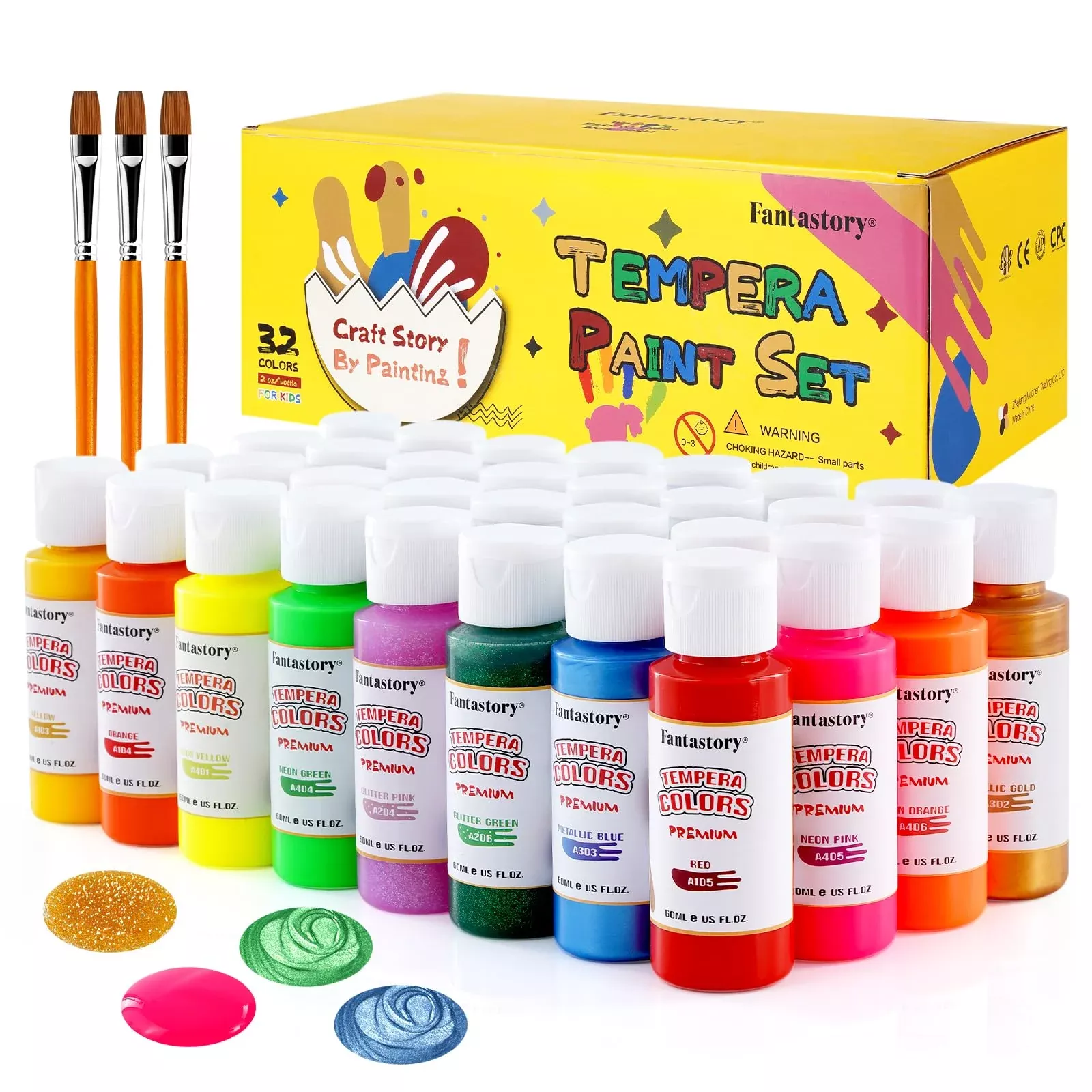 Fantastory Tempera Paint for Kids 32 Colors 2 oz Neon Washable