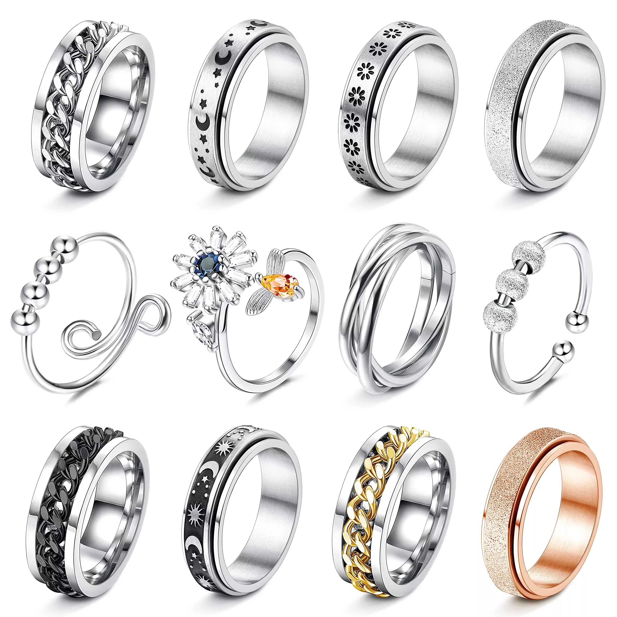 FASACCO 12 Pcs Fidget Rings Set Anxiety Relief 4-8mm