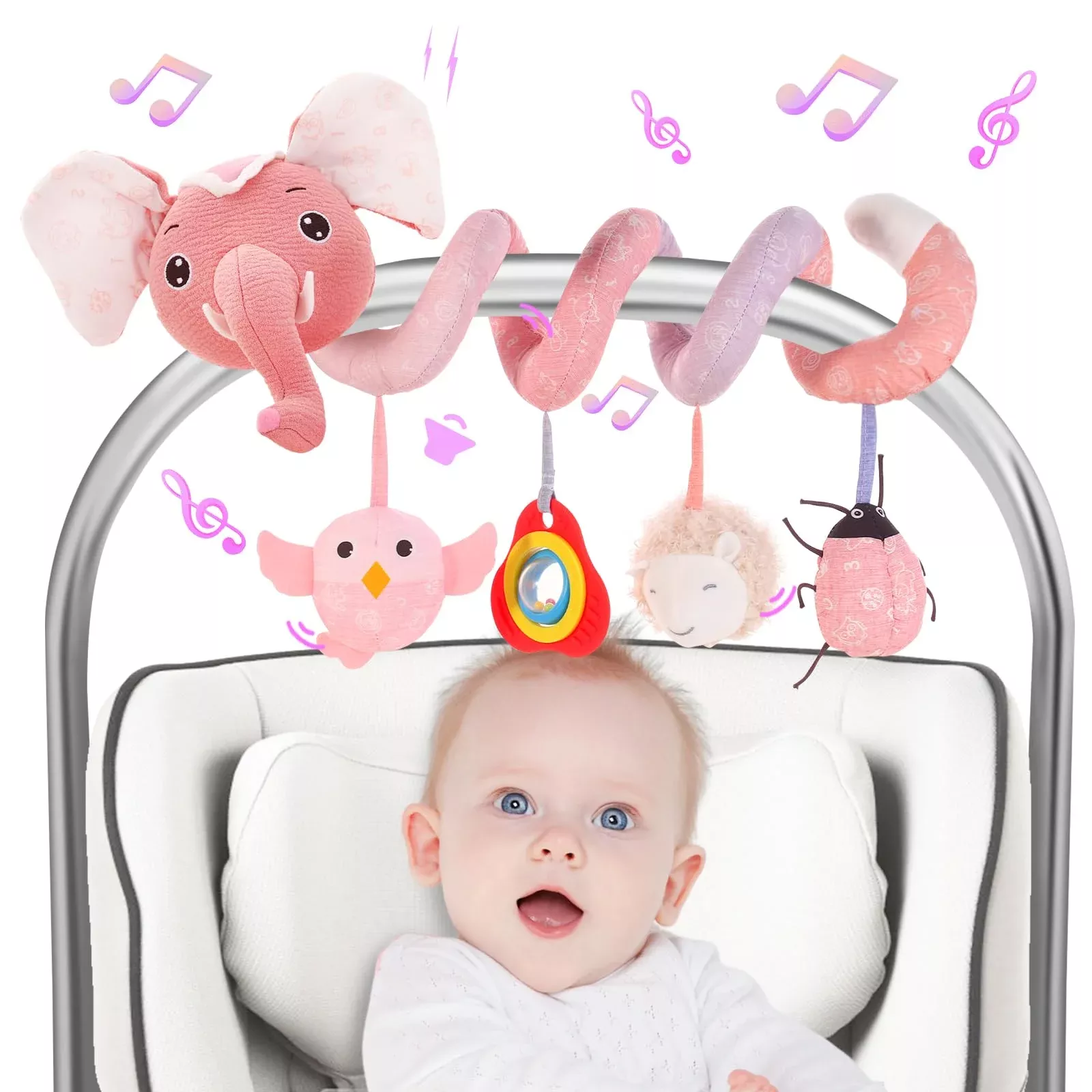 FATI Car Seat Toy for Babies 0-6 Months, Plush, Pink, Medium