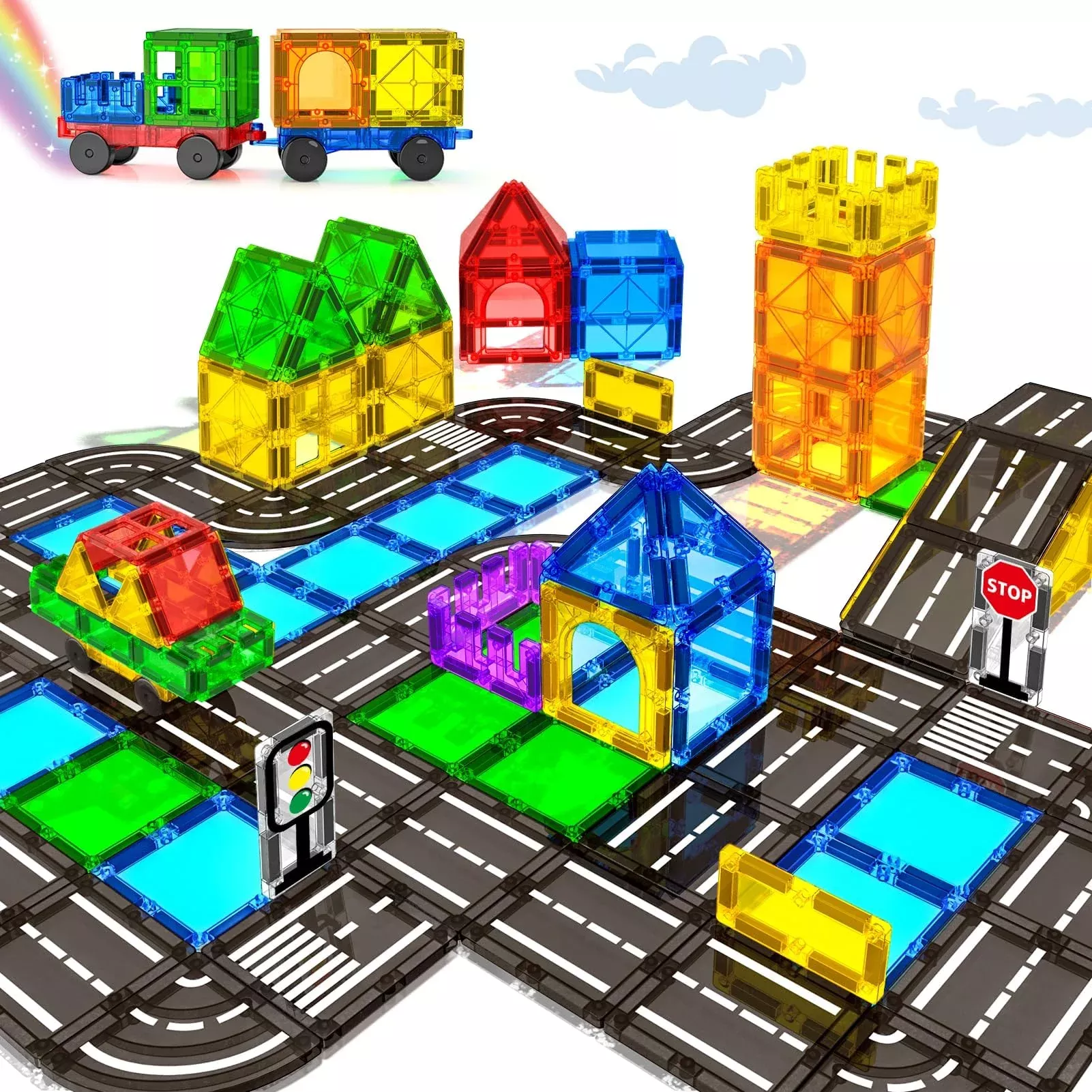 Feoxialy Magnetic Tiles Road Sets with Car - Multi-color Building Bloc