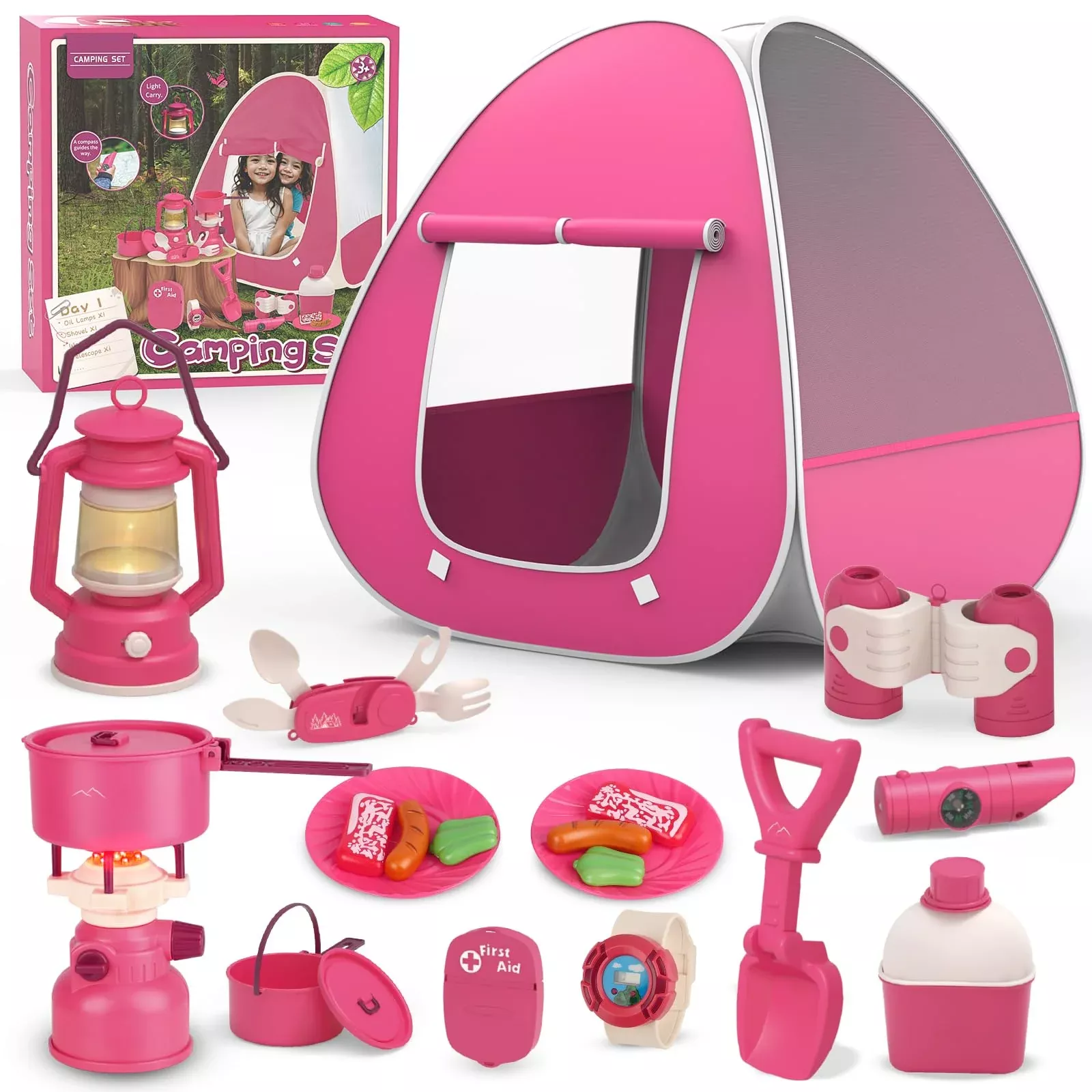 Fidecexv Kids Camping Set with Tent, Pink, 26 Pcs,