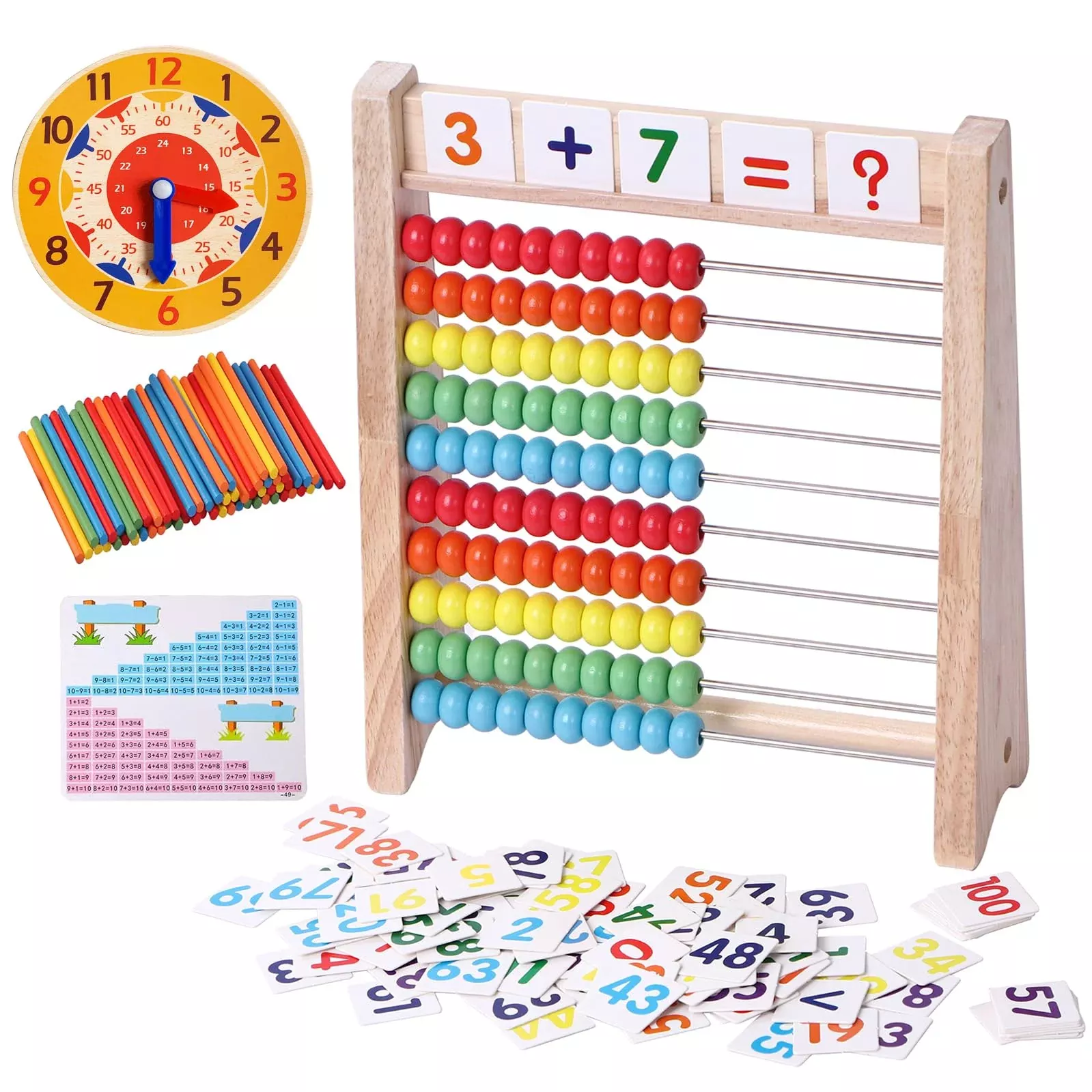 Flzoaveus Wooden Abacus Set for Kids with Clock, Colorful, Medium