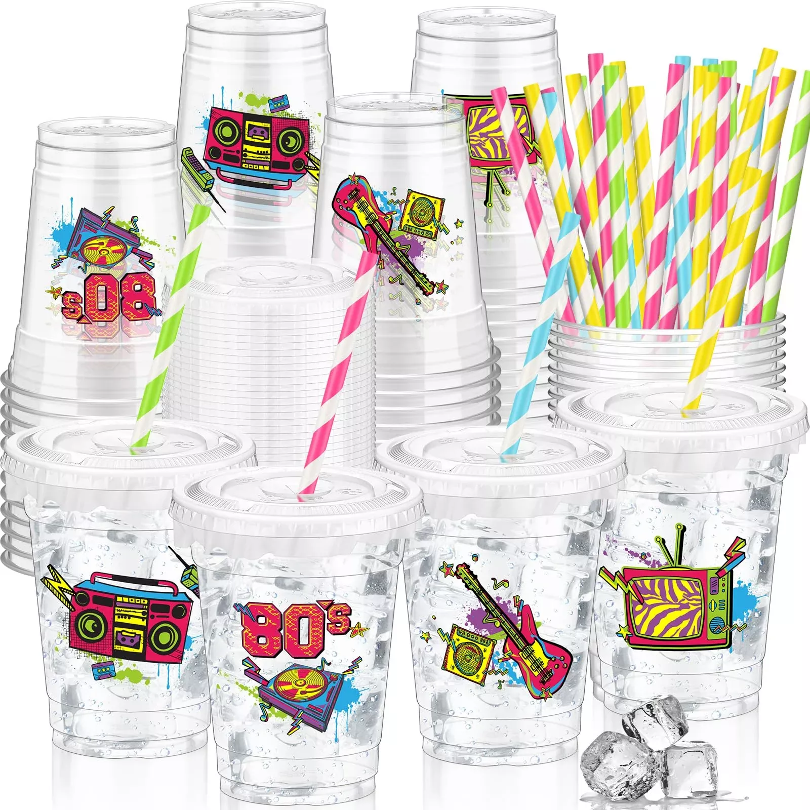 FoldTier 80s Party Set 50 Clear Plastic Cups with Lids and Straws Mult
