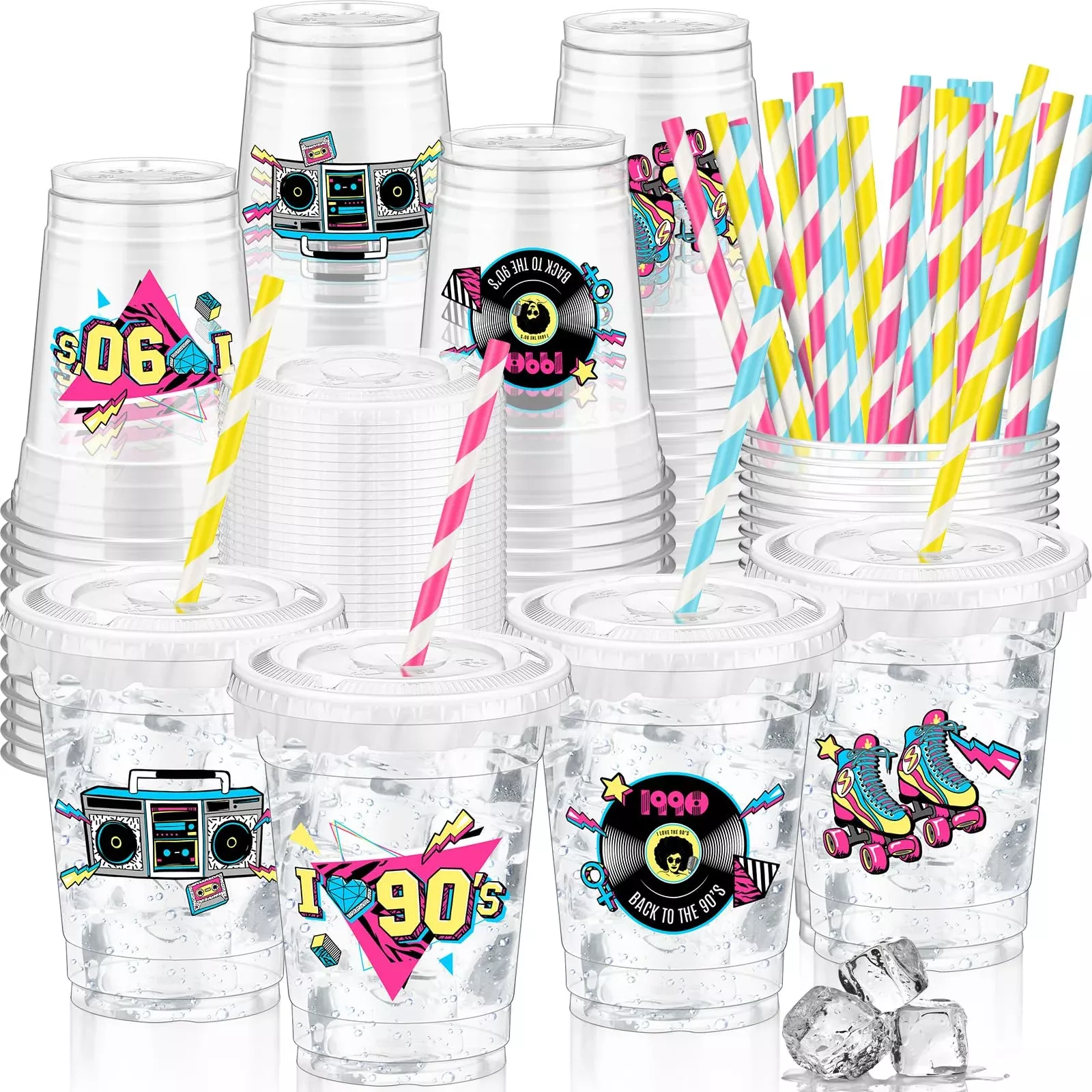 FoldTier 90s Party Set - 50 Clear Plastic Cups with Lids & Straws