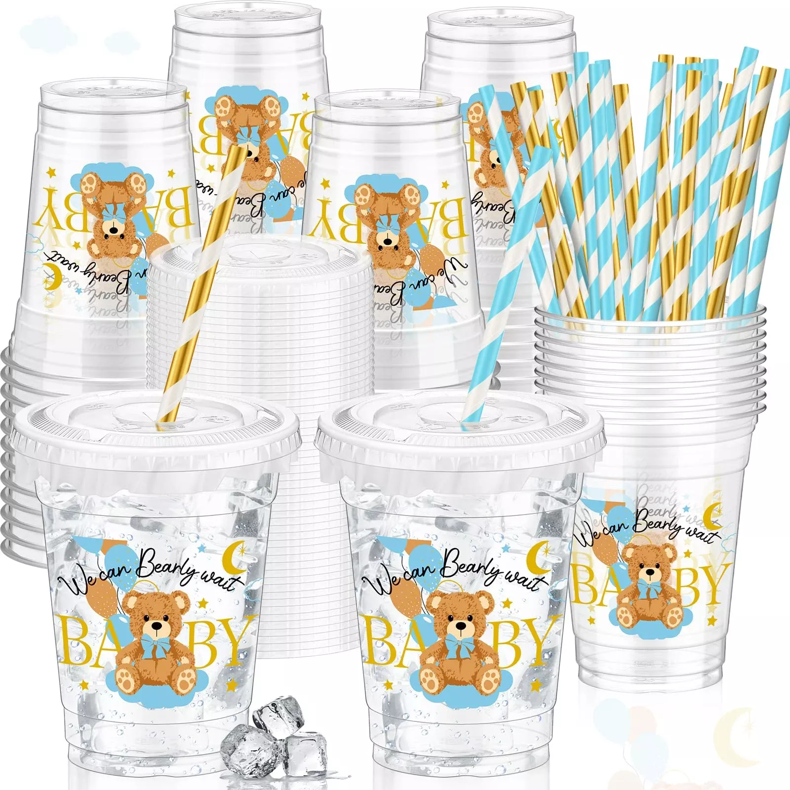 FoldTier Bear Plastic Cups with Lids and Straws, 12 oz, Blue Gold,