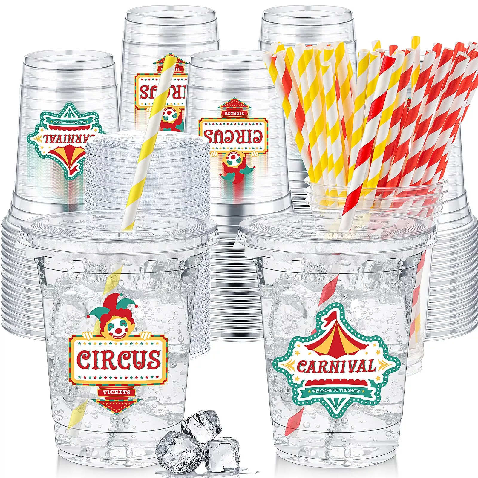 FoldTier Carnival Cups with Lids, 12 oz, Clear/Red/Yellow,