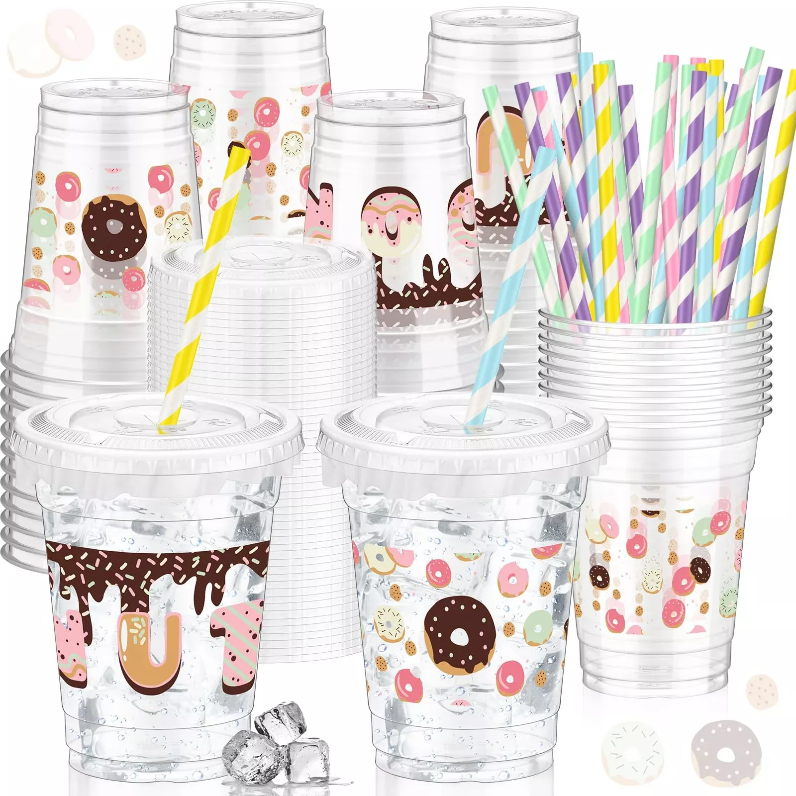FoldTier Donut Party Set - 50 Multicolor Plastic Cups with Lids & Straws