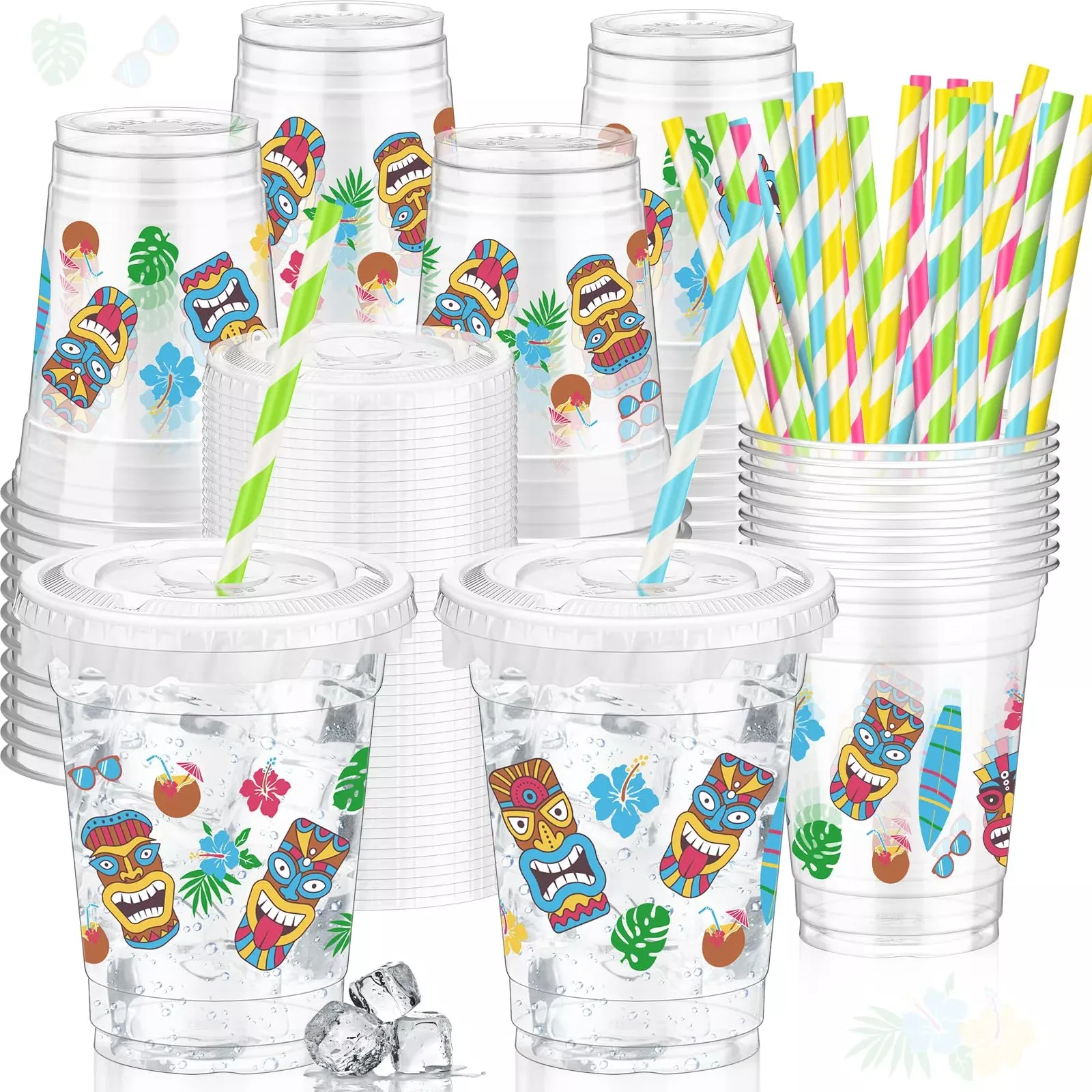 FoldTier Plastic Cups with Lids for Luau Parties, 12 oz, 50 Pack