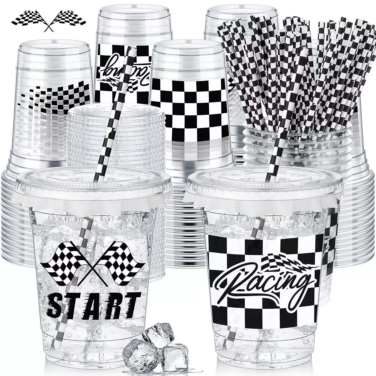 FoldTier Racing Cups Set, 12 oz, Black White, 50 Count, Plastic