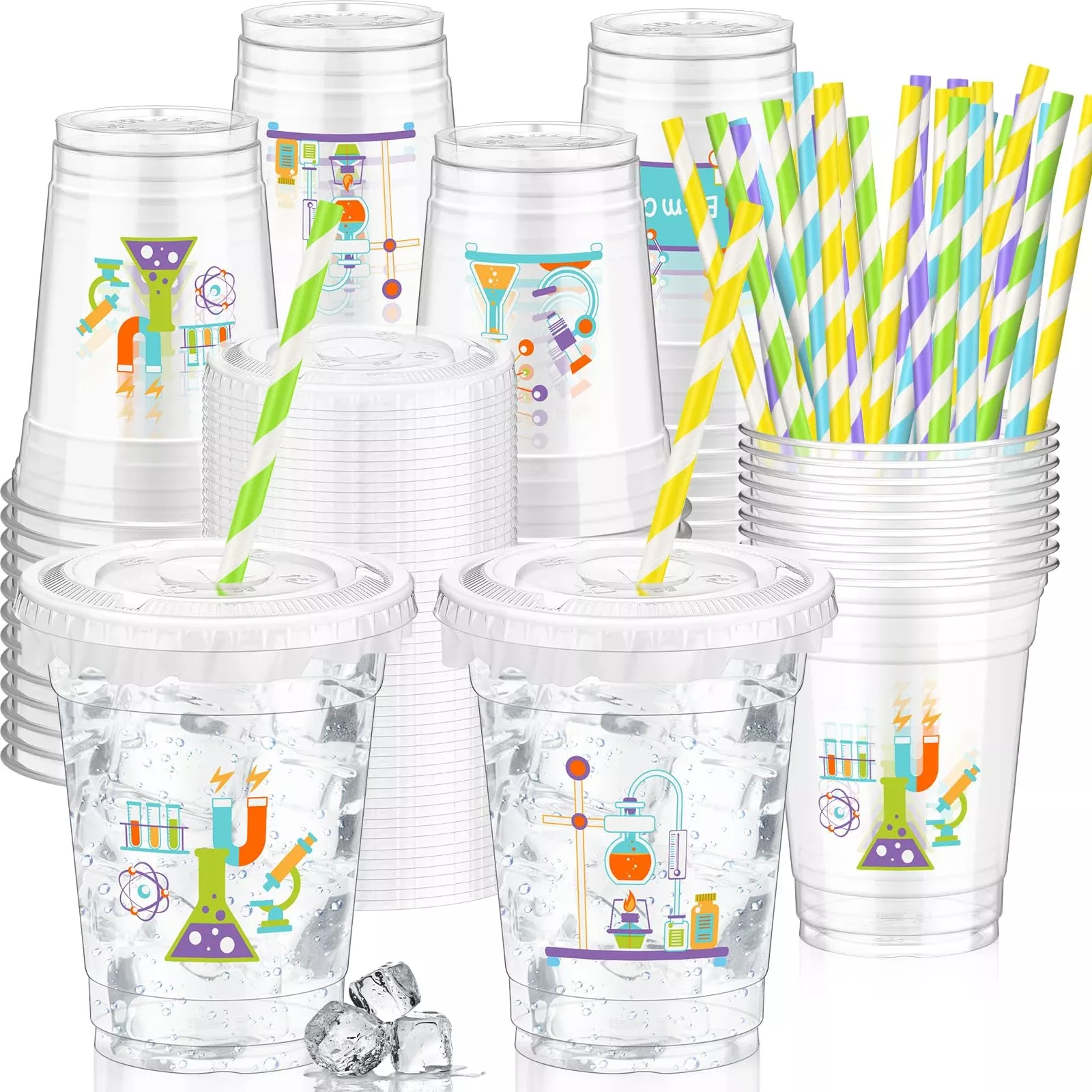FoldTier Science Cups Set - 50 Clear Plastic Cups with Lids, 12 oz,