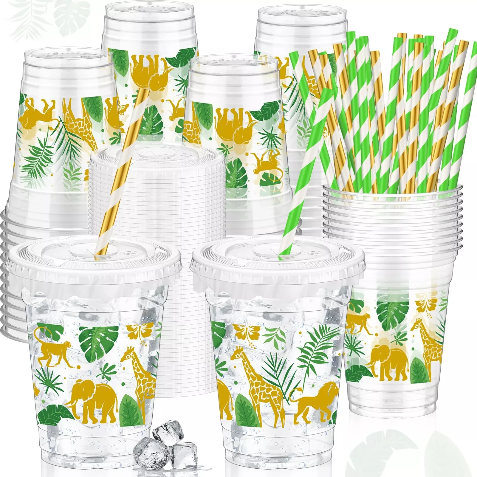 FoldTier Wild Theme Party Set - Clear Plastic Cups with Lids & Straws, 50