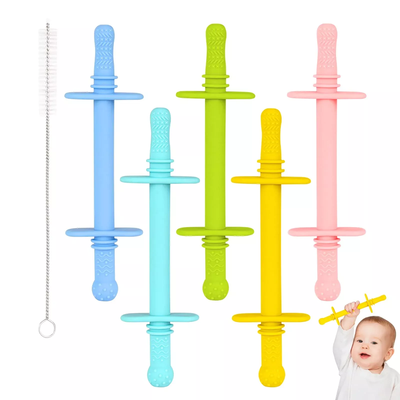 Fu Store Silicone Hollow Teether Tube Chew Straw Toy 6 Piece Set Multi