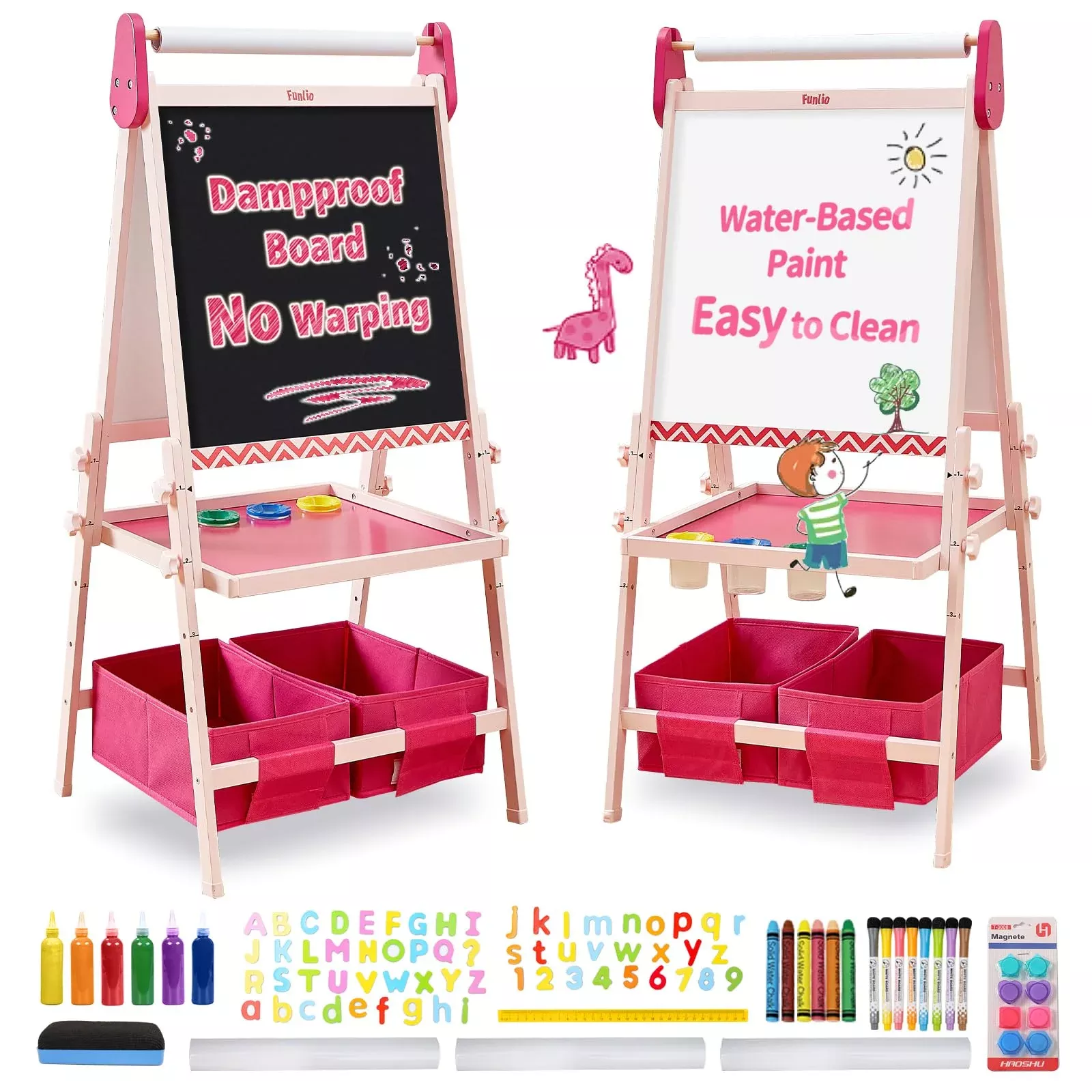 FUNLIO Art Easel for Kids, Pink, Adjustable Height, 31.89"x