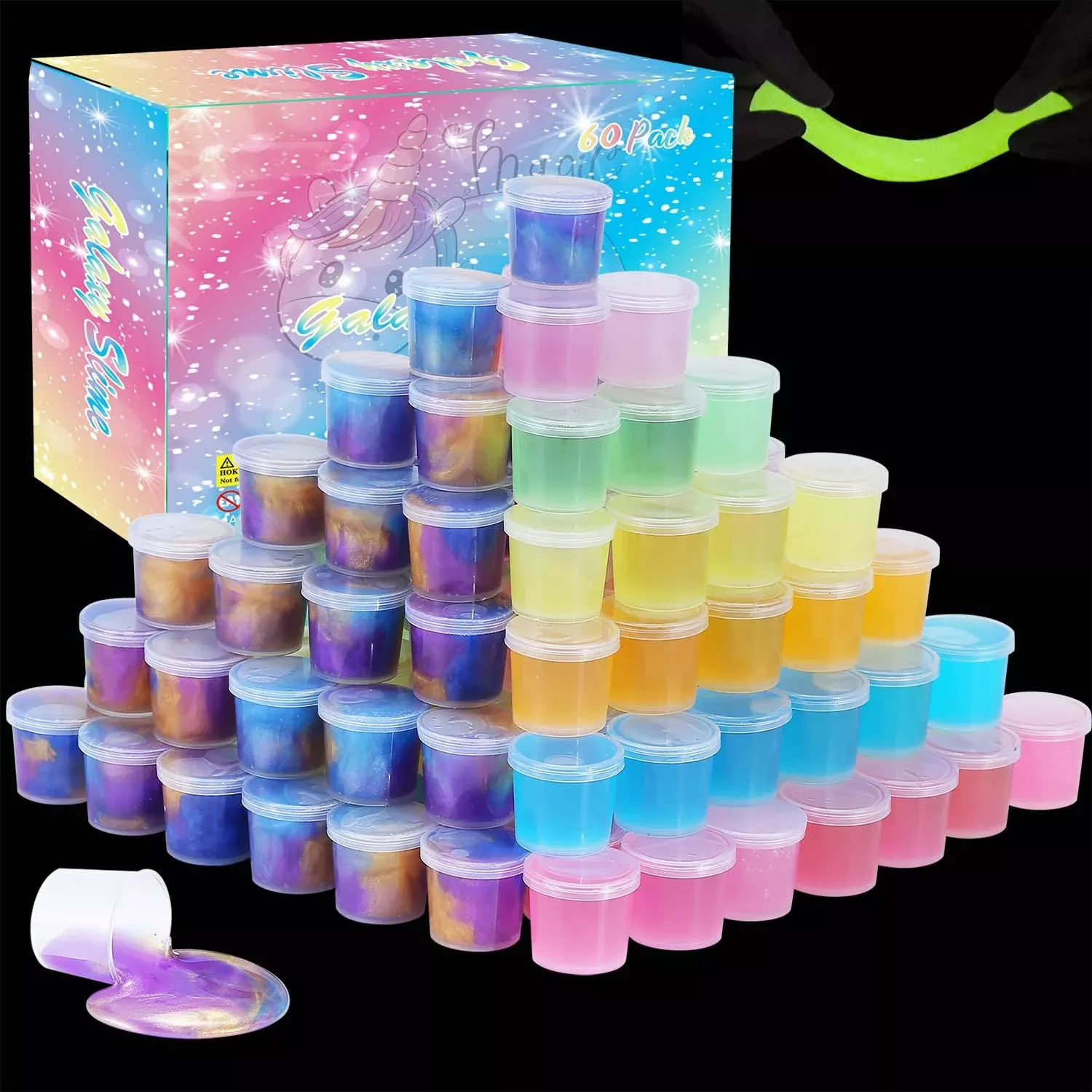 GALXSLIMR Barrel Slime 60 Pack, Glow in The Dark, Multi-