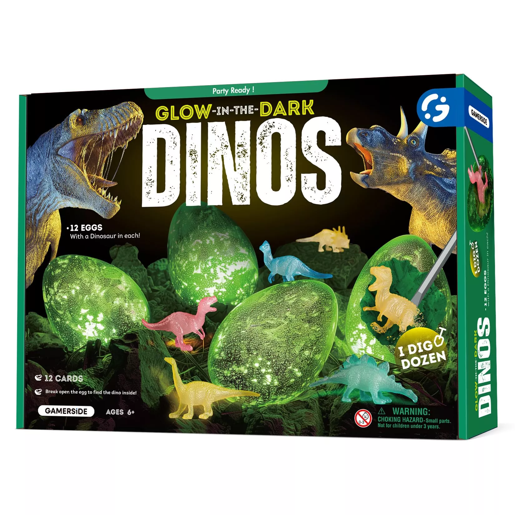 Gamerside Dino Eggs Dig Kit - Glow in the Dark, 12 Count, STEM Toy