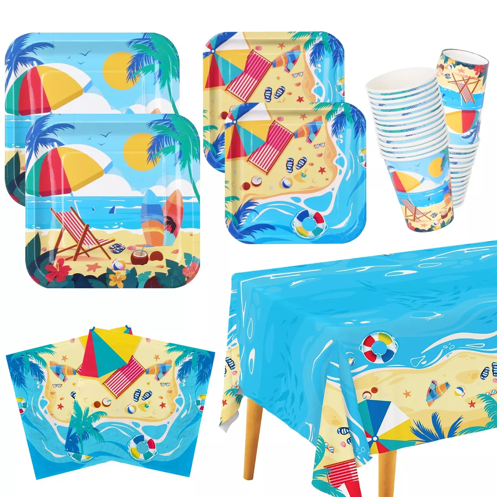 Gatherfun Beach Dinnerware Set, 25 Plates & Cups, Multicolor