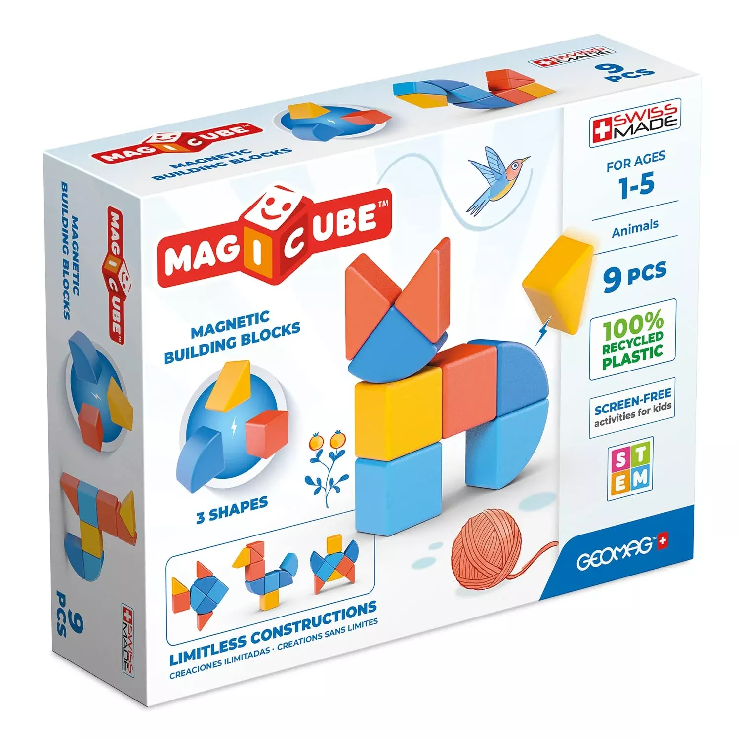 Geomag MagiCube 9-Piece Building Set, Red/Orange/Blue, 100% Recycled P