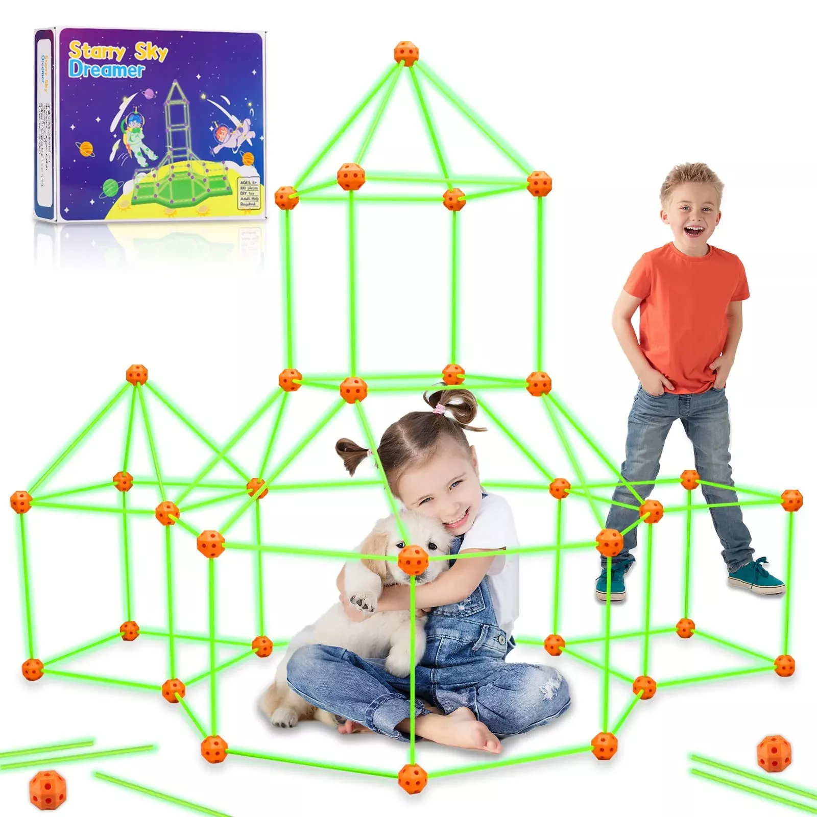 Getatoy Fort Building Kit For Kids - 100 Pcs Glow In The Dark Creative