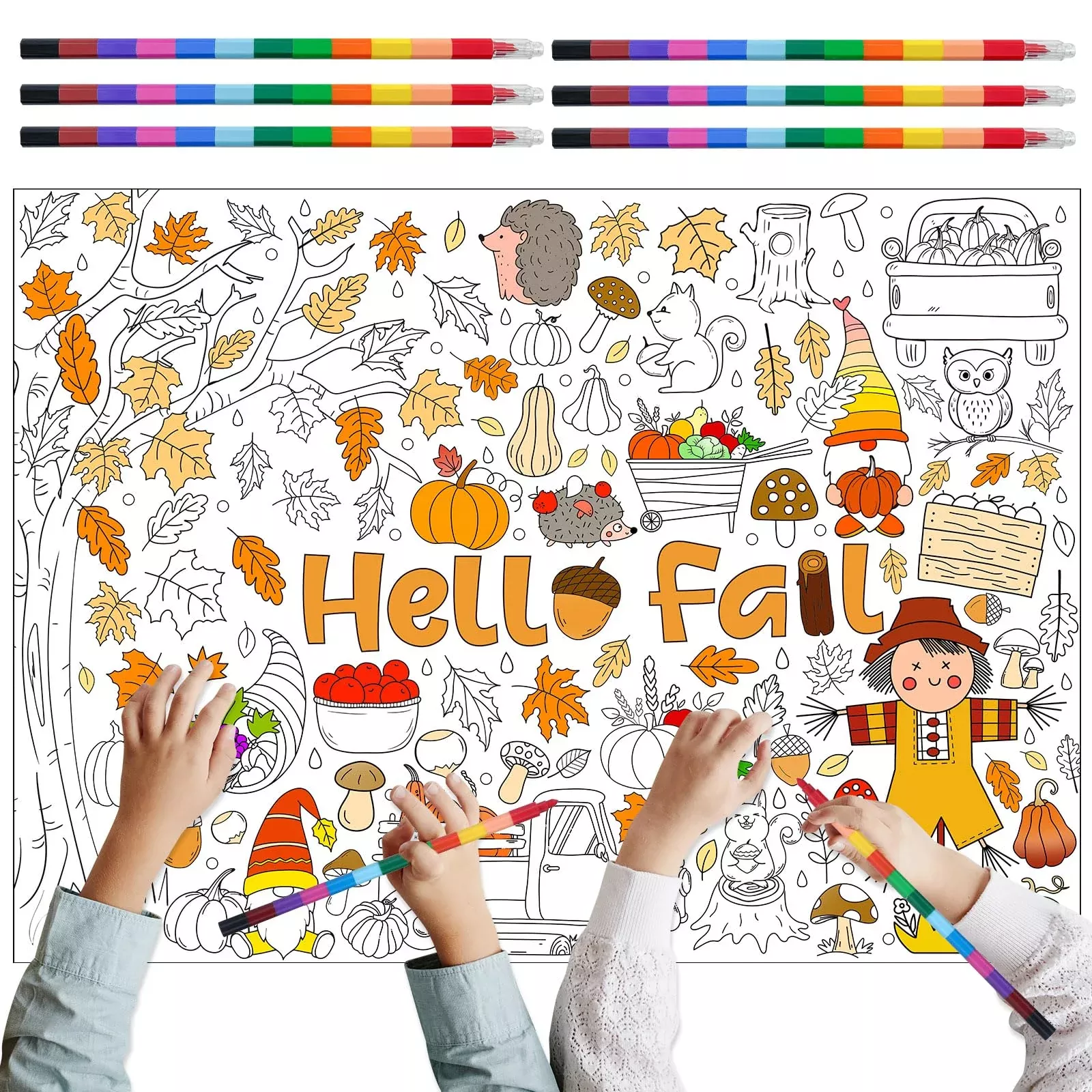 Giant Fall Coloring Poster With 6 Stacking Crayons, Pumpkin Maple Leaf
