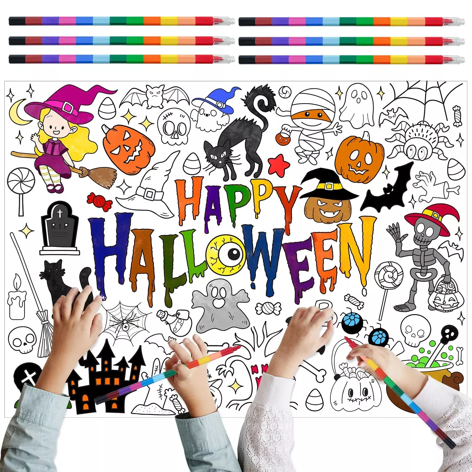 Giant Halloween Coloring Poster With 6 Stacking Crayons, Bat Ghost Par