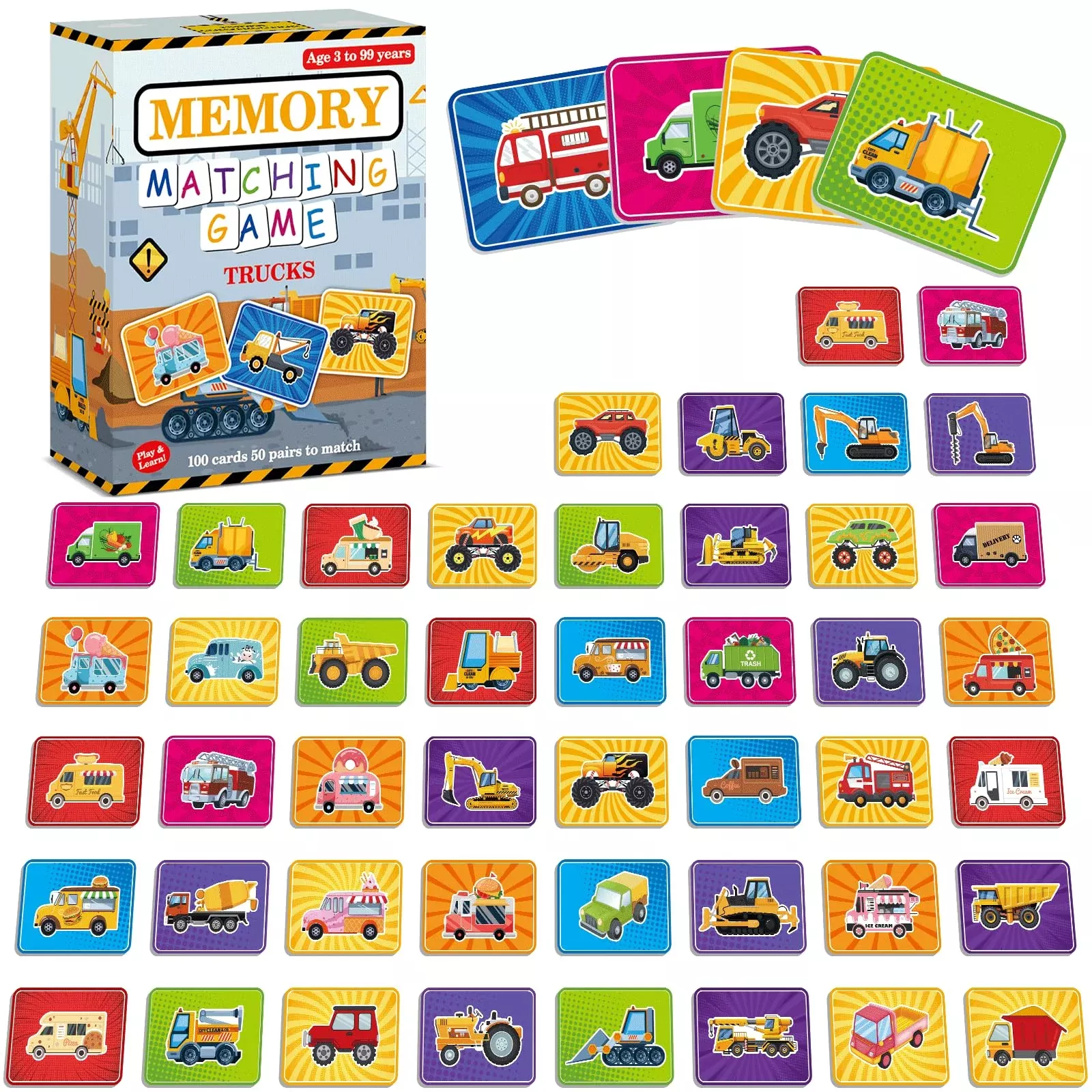 Gisgfim 50 Pairs Memory Matching Game For Kids Trucks Concentration Ga