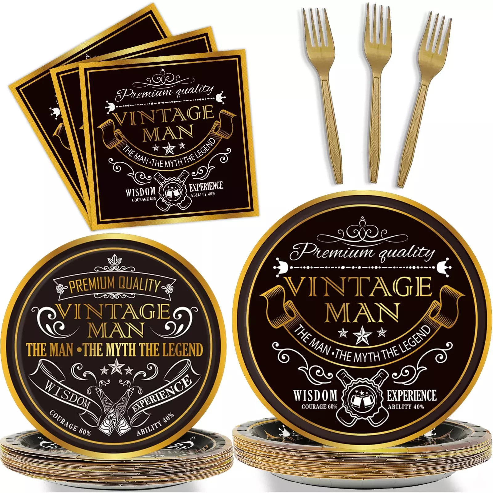 gisgfim Aged Man Party Tableware Set 24 Guests Black Gold Paper