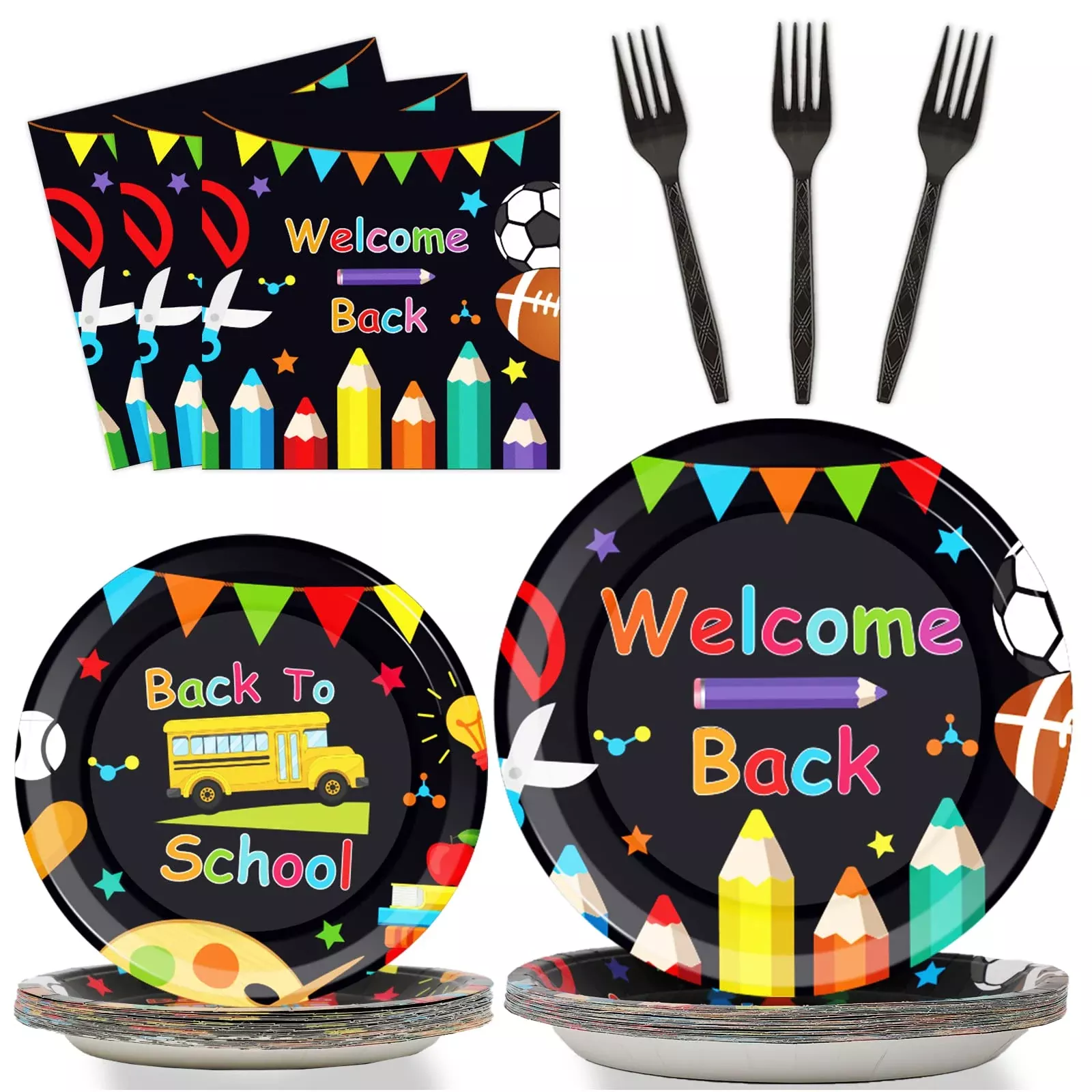 gisgfim Back to School Party Tableware Set, 24 Guests, Black