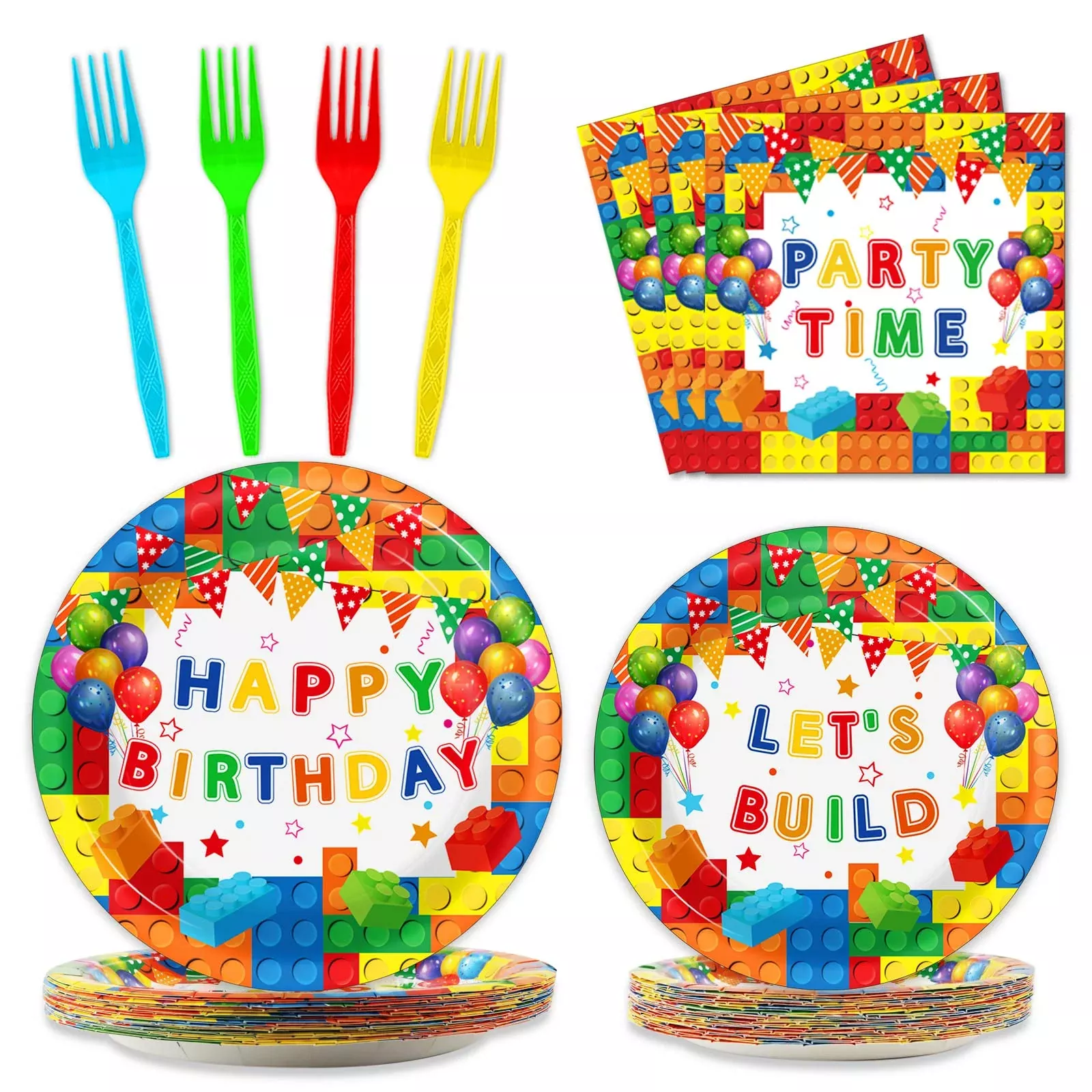 gisgfim Building Block Party Tableware Set, 24 Guests, Colorful Blocks