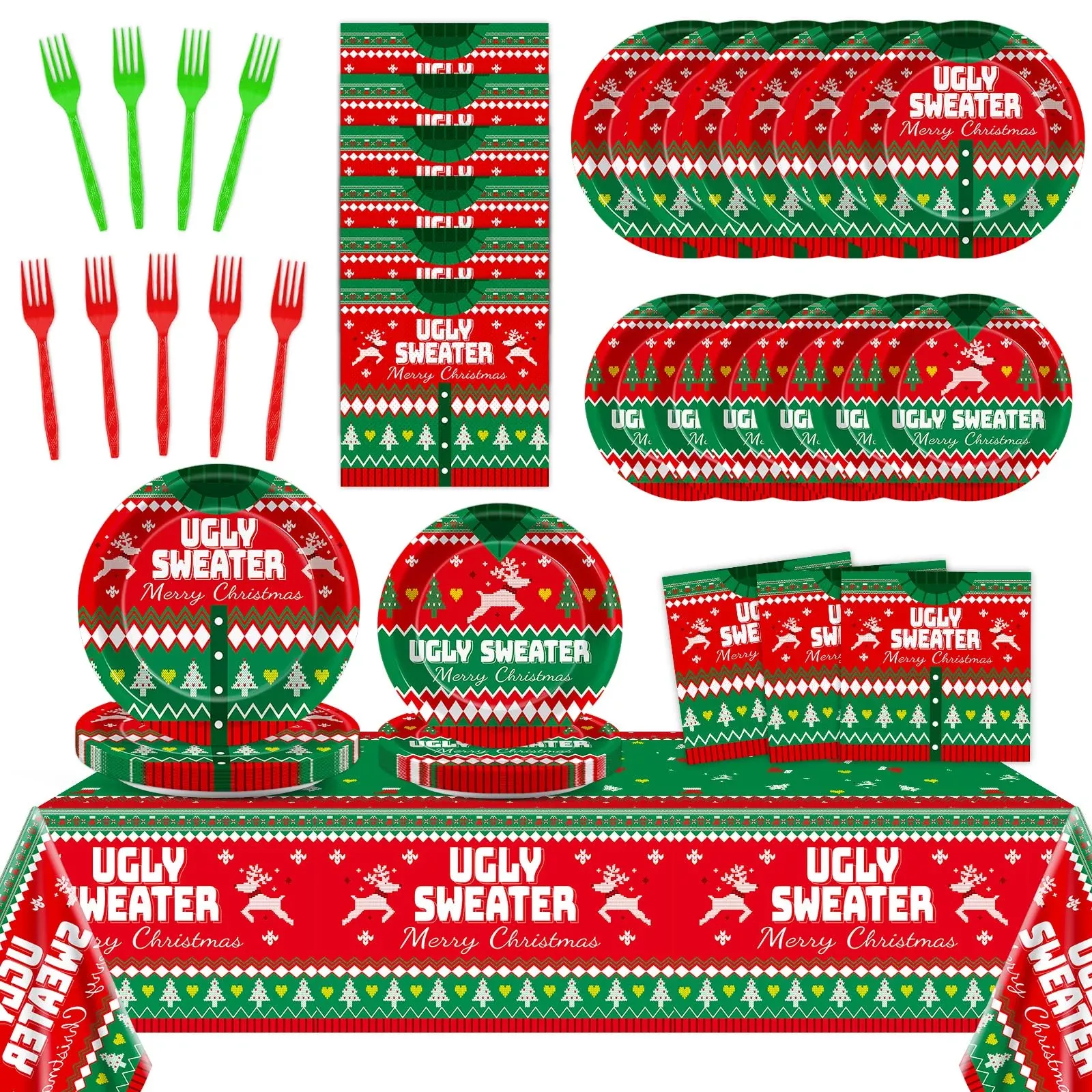 gisgfim Christmas Ugly Sweater Party Tableware Set, 24 Guests, Red Green