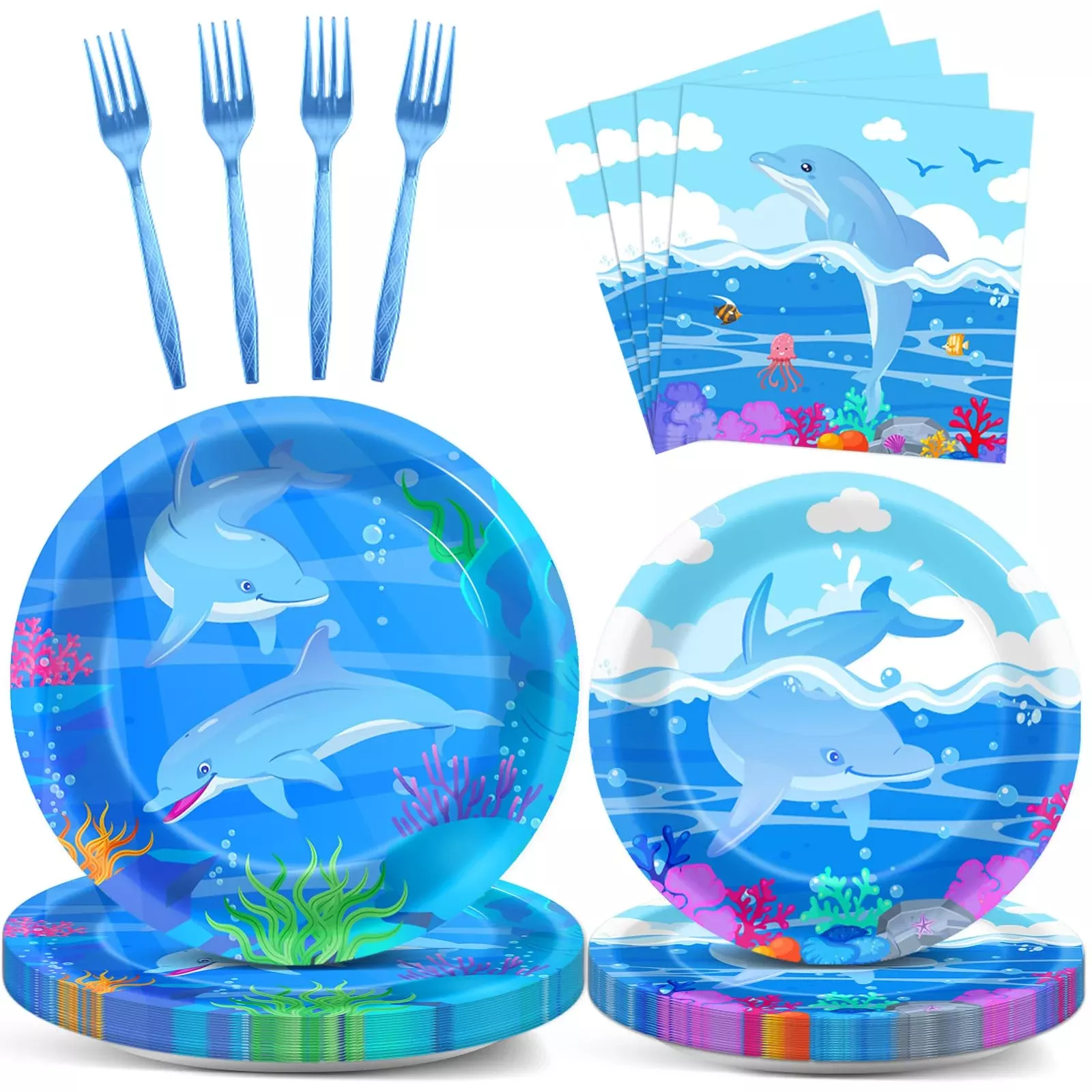 gisgfim Dolphin Party Tableware Set for 24 Guests, 9" Plates, Paper