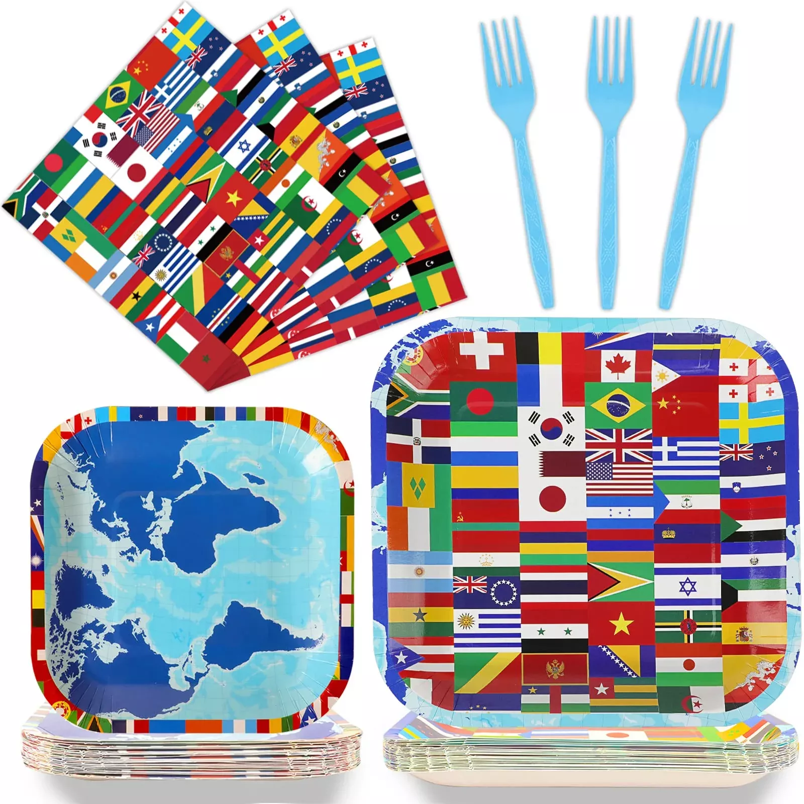 gisgfim International World Flags Party Plates Set, Blue, 24 Guests