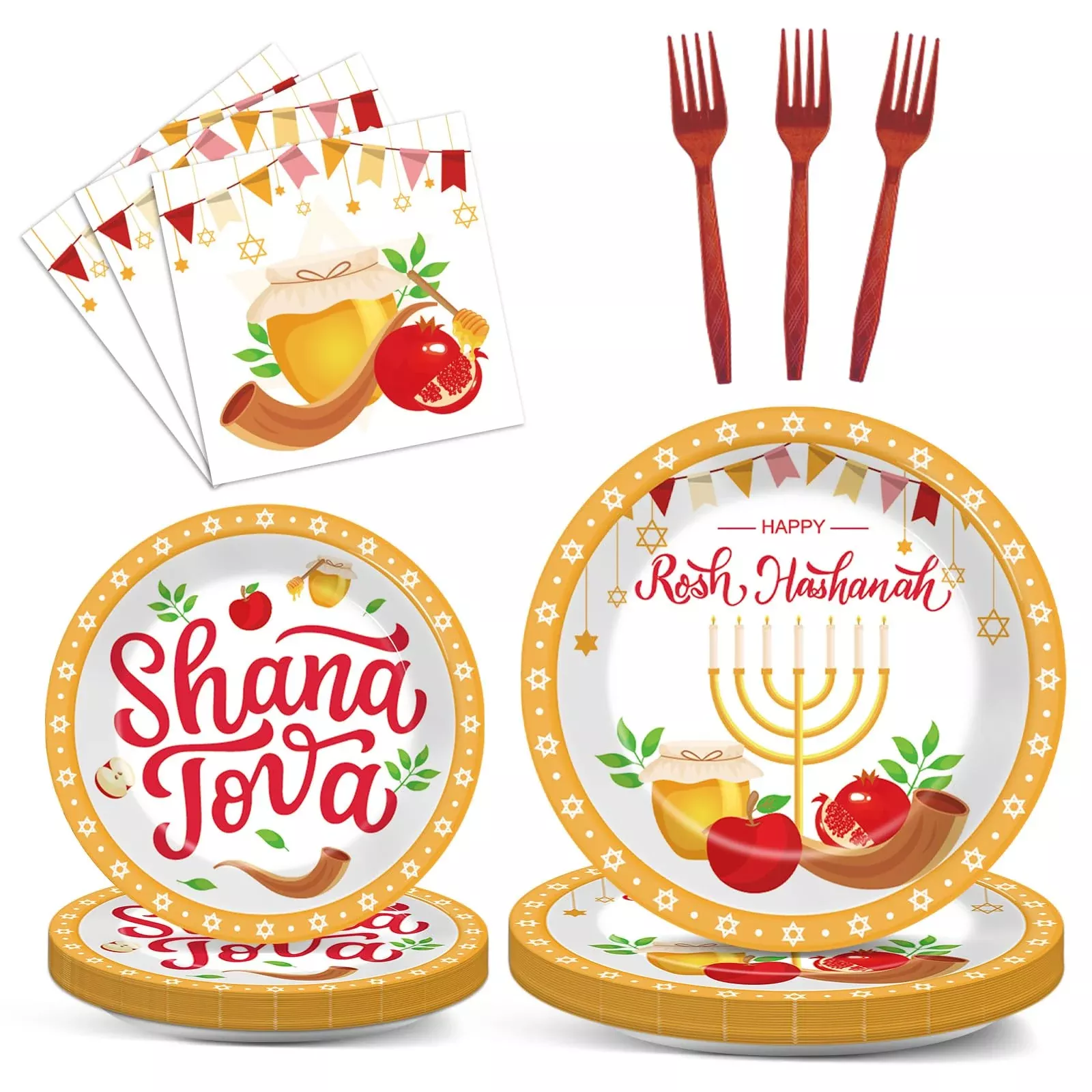 gisgfim Rosh Hashanah Tableware Set, 24 Plates & Napkins,
