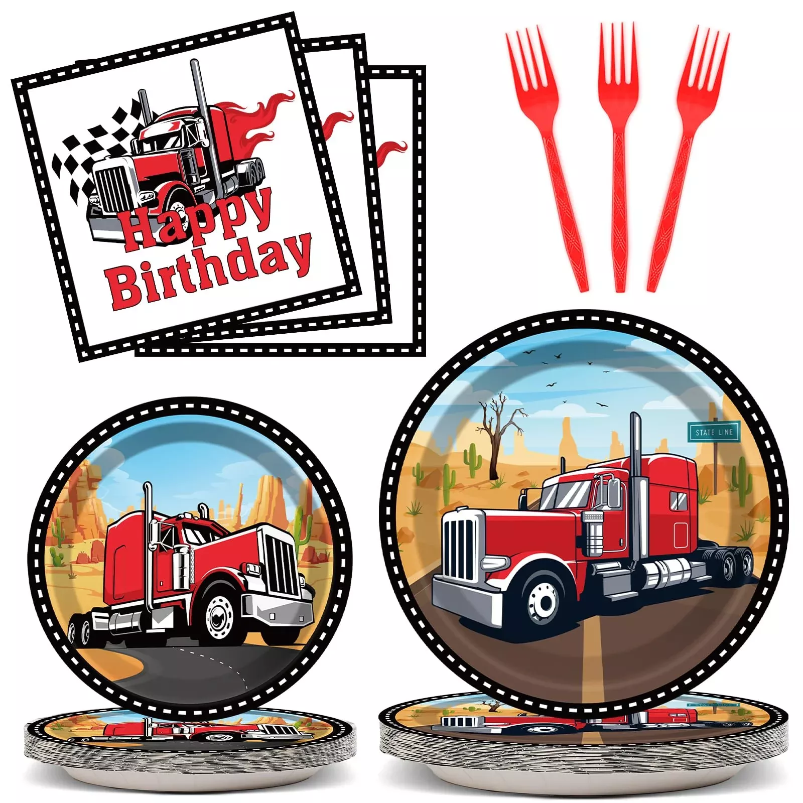 gisgfim Semi Truck Party Tableware Set, 24 Plates, 24 Napkins,