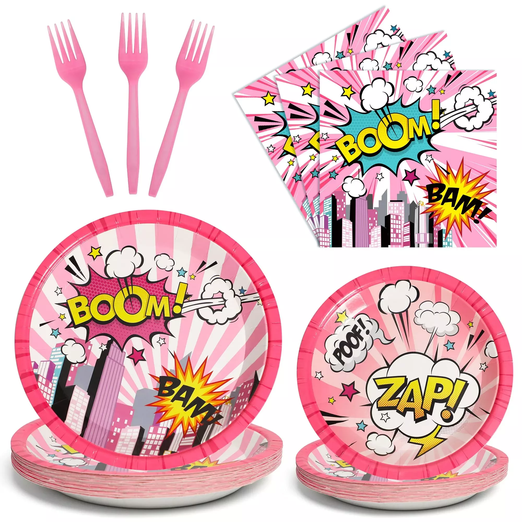 gisgfim Super Girl Party Tableware Set, Pink, 24 Guests, 9-