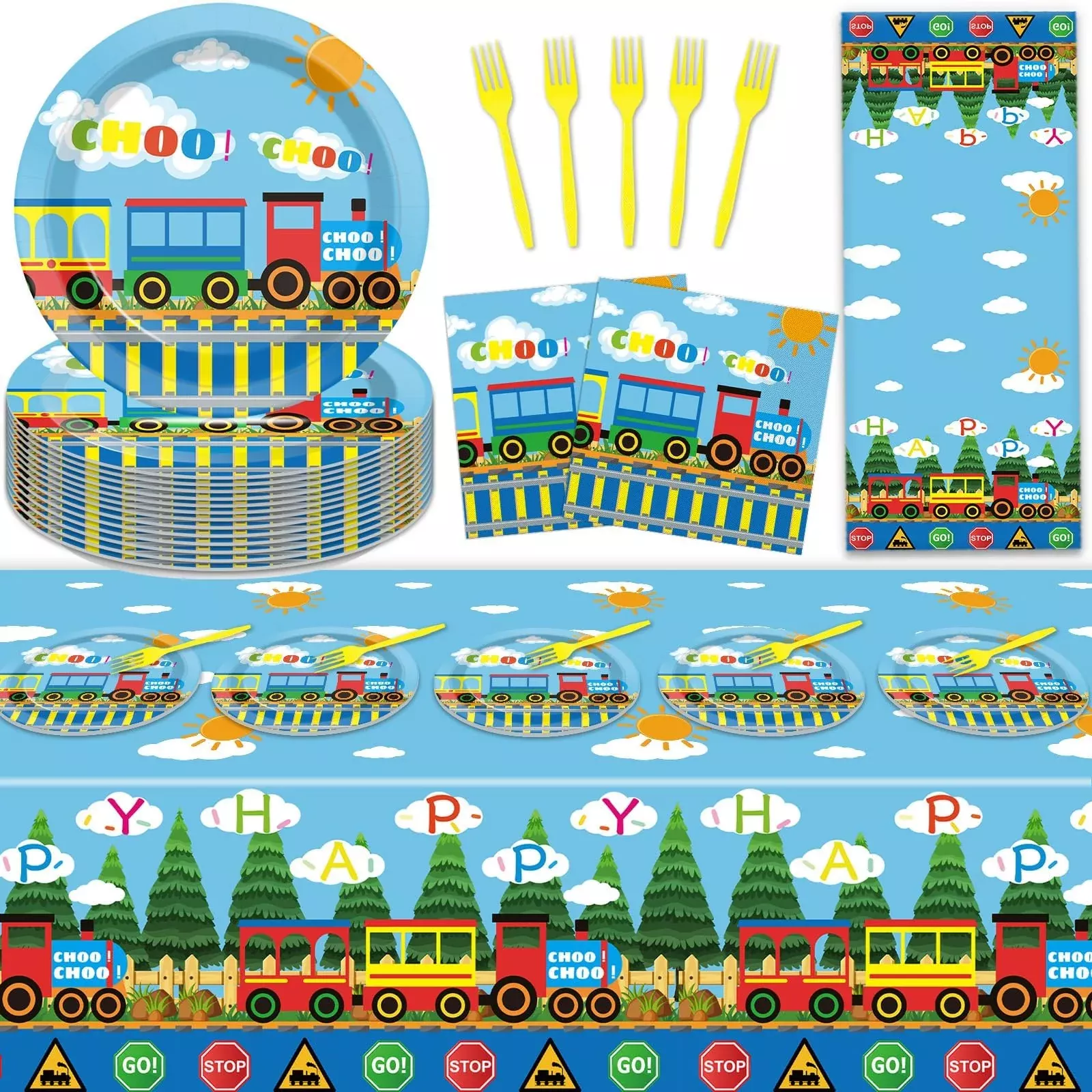 gisgfim Train Birthday Decorations Set for 20 Guests, Yellow