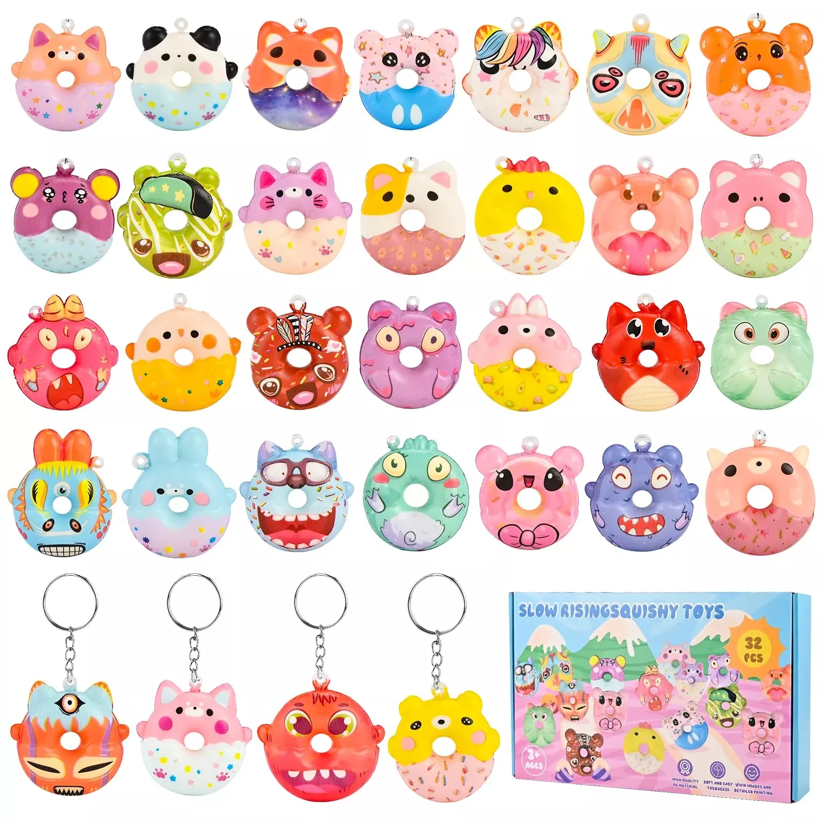 Goldge Assorted 32 Pack Squishy Donut Keychains & Critter-Shaped Toys