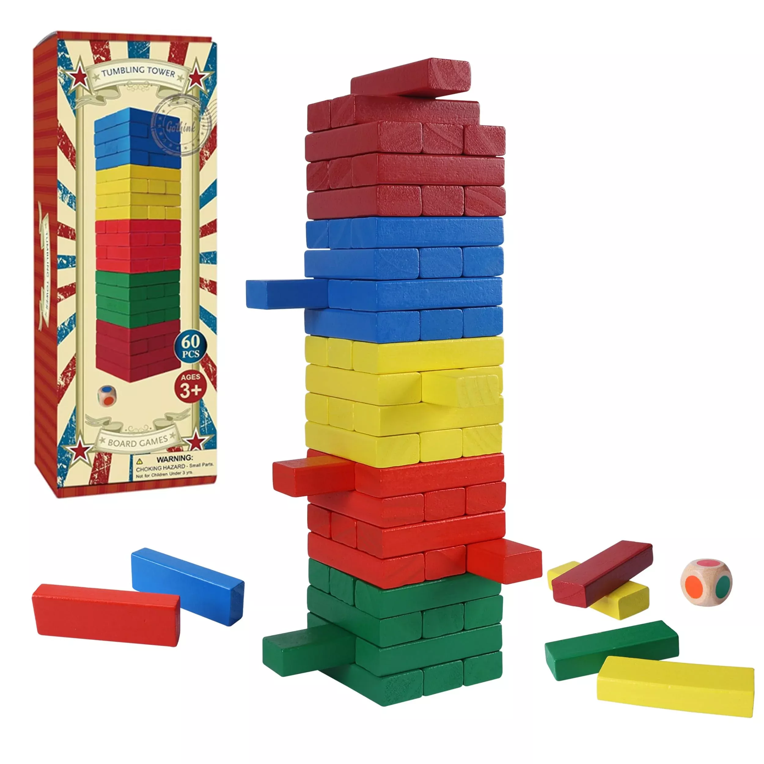 GOTHINK Timber Tower Game - 60 Colorful Wooden Blocks, 11.8x