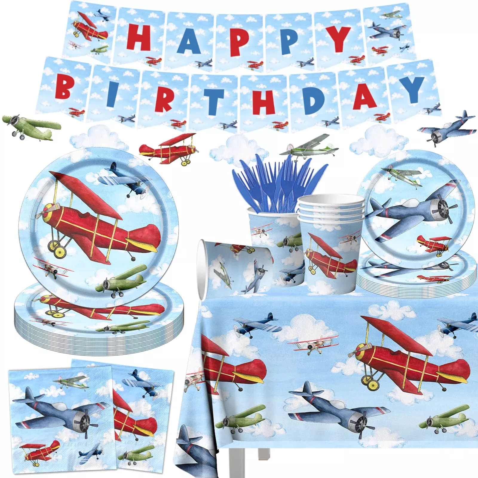 GREHUMOR Airplane Birthday Party Set, 40 Paper Plates, Blue Sky Theme
