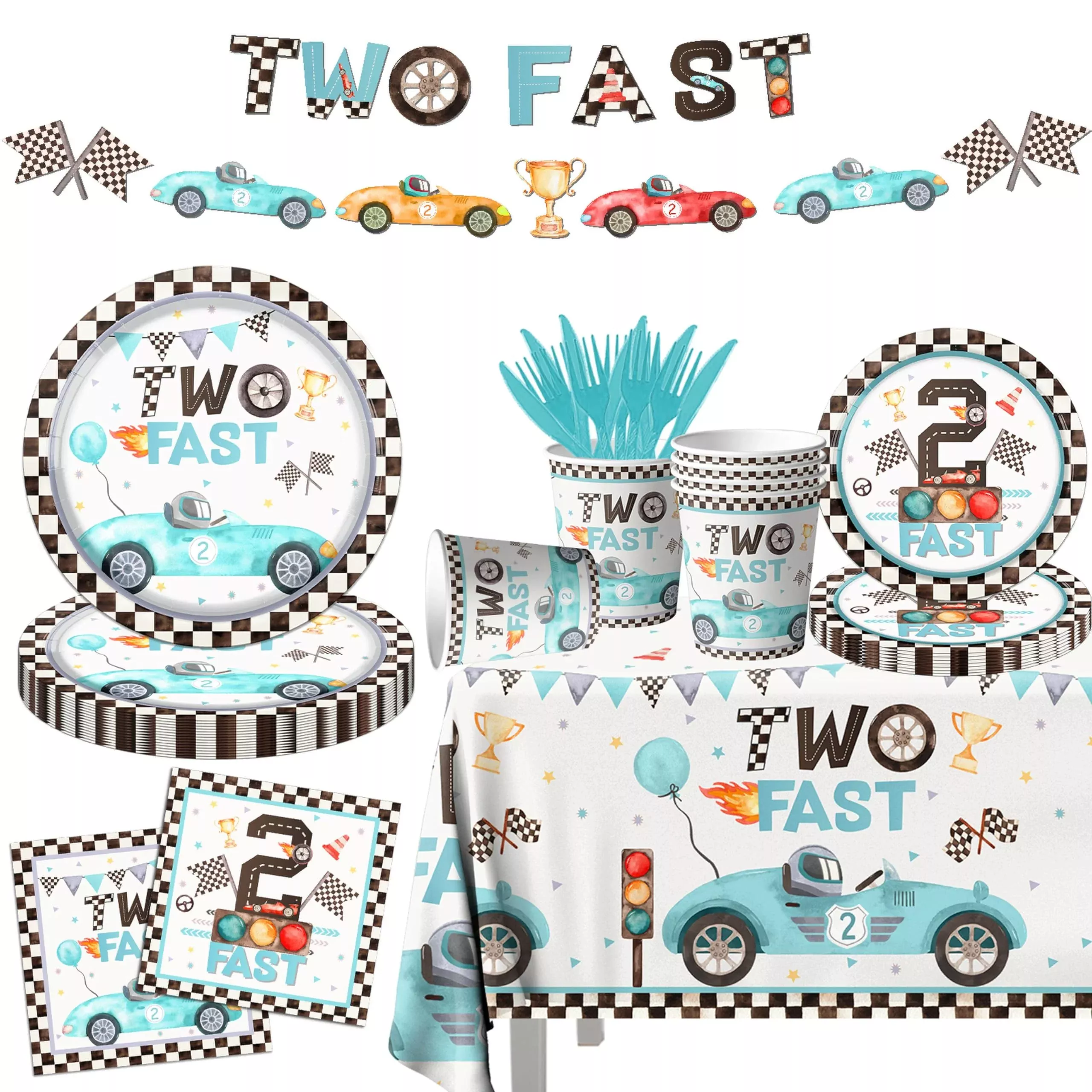GREHUMOR Vintage Two Fast Tableware Set 142pcs Blue Teal Racing Theme