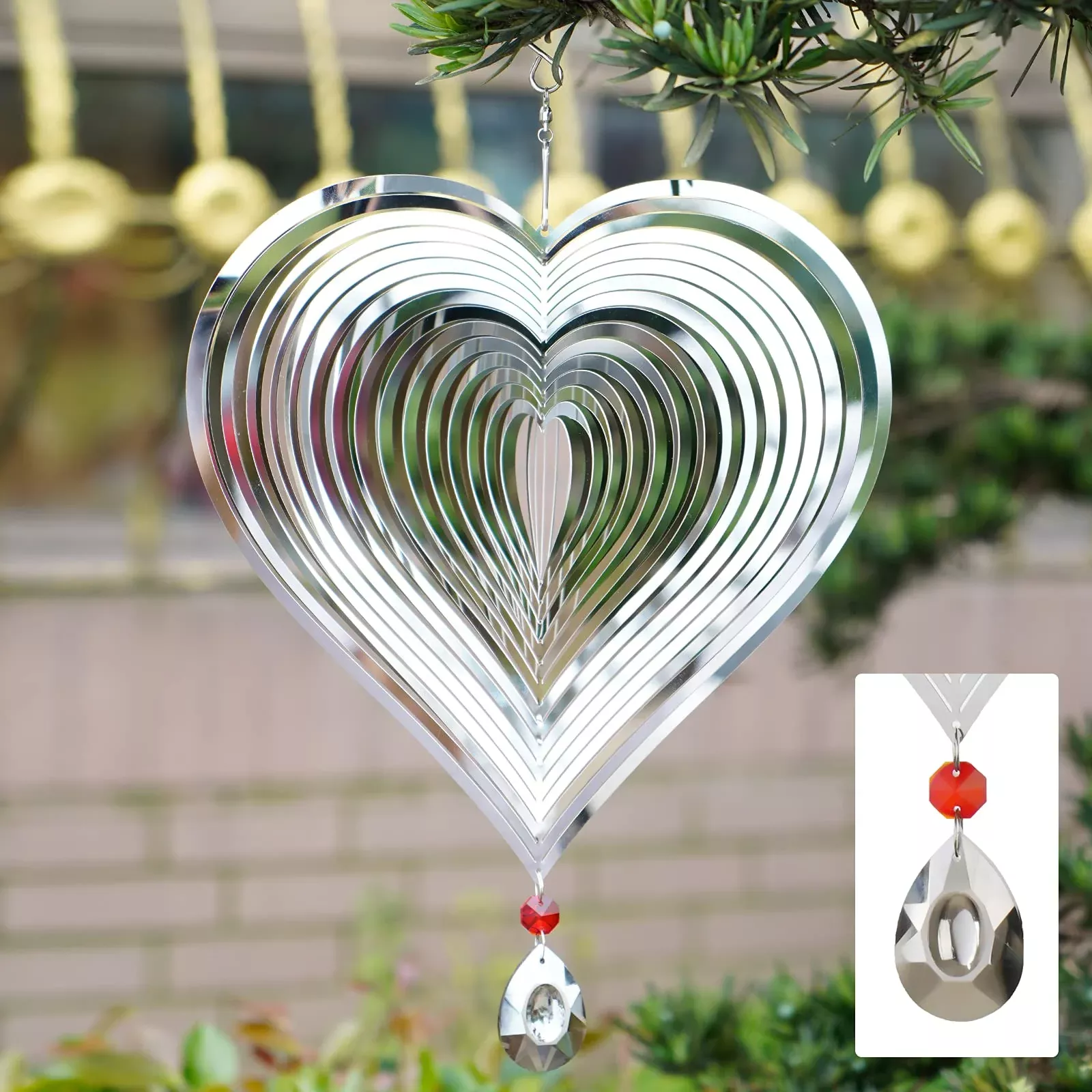 Gustamucho Wind Spinner Silver Heart 3D Garden Decor Outdoor Hanging