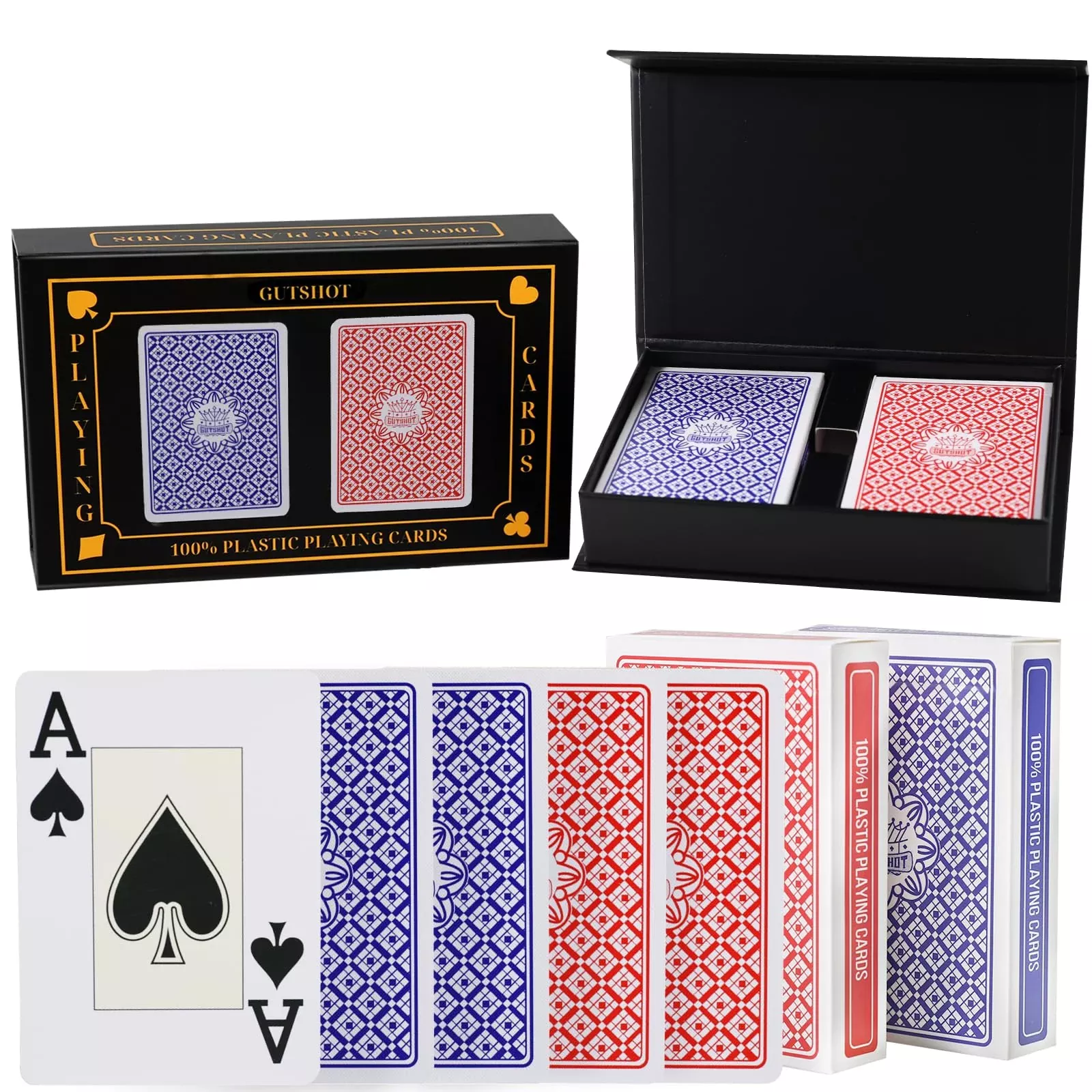 GUTSHOT Waterproof Playing Cards - 2-Pack Plastic Decks, Spill-Proof D