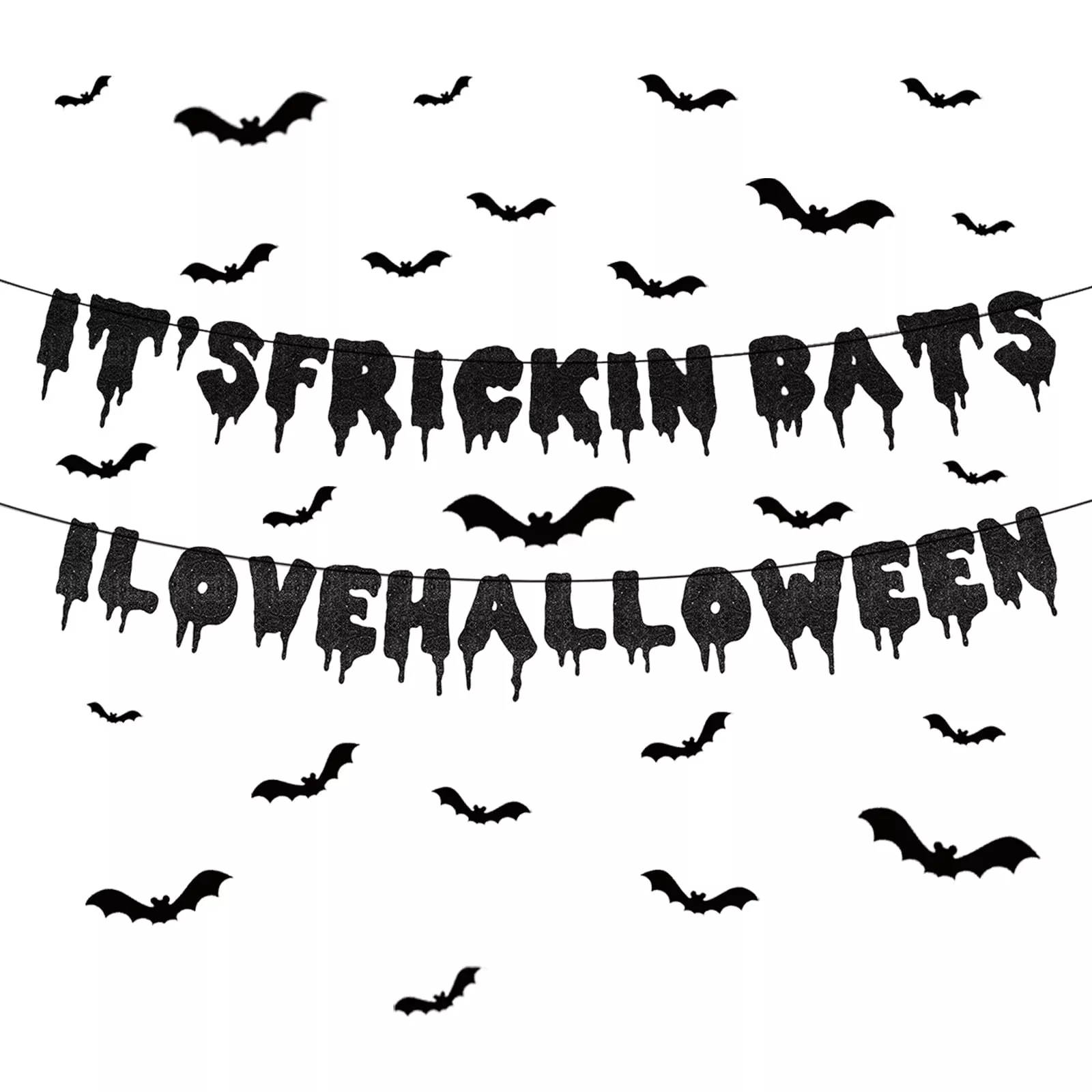 Halloween Banner & Bats Decorations Glitter Banner & 3D Black Bats Sti