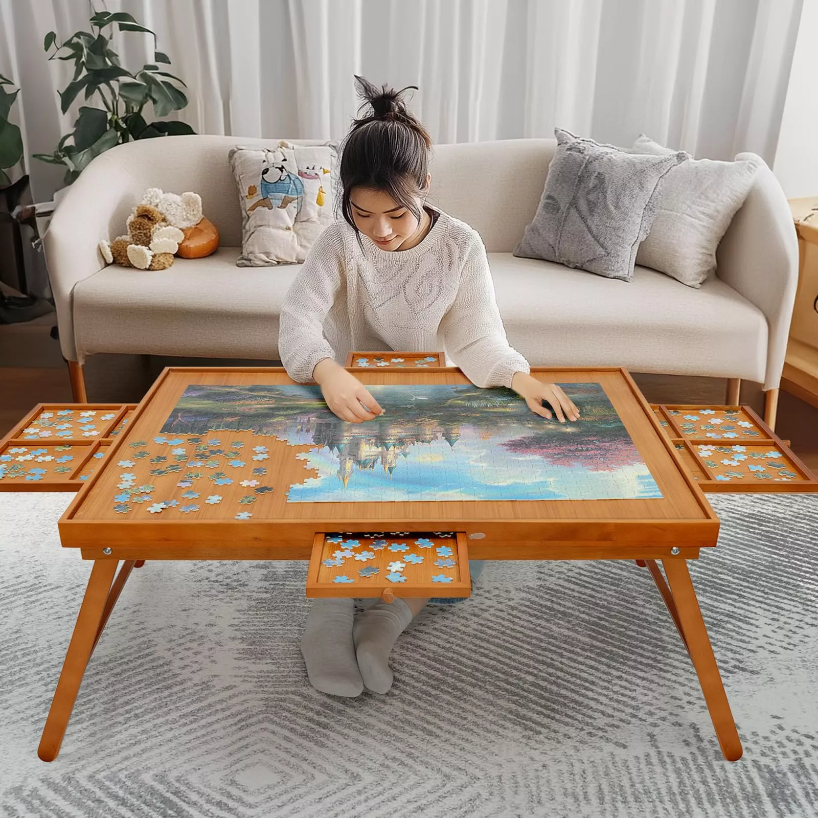 HALLYBEE Puzzle Table for 1500 Pieces, Foldable, Red Brown