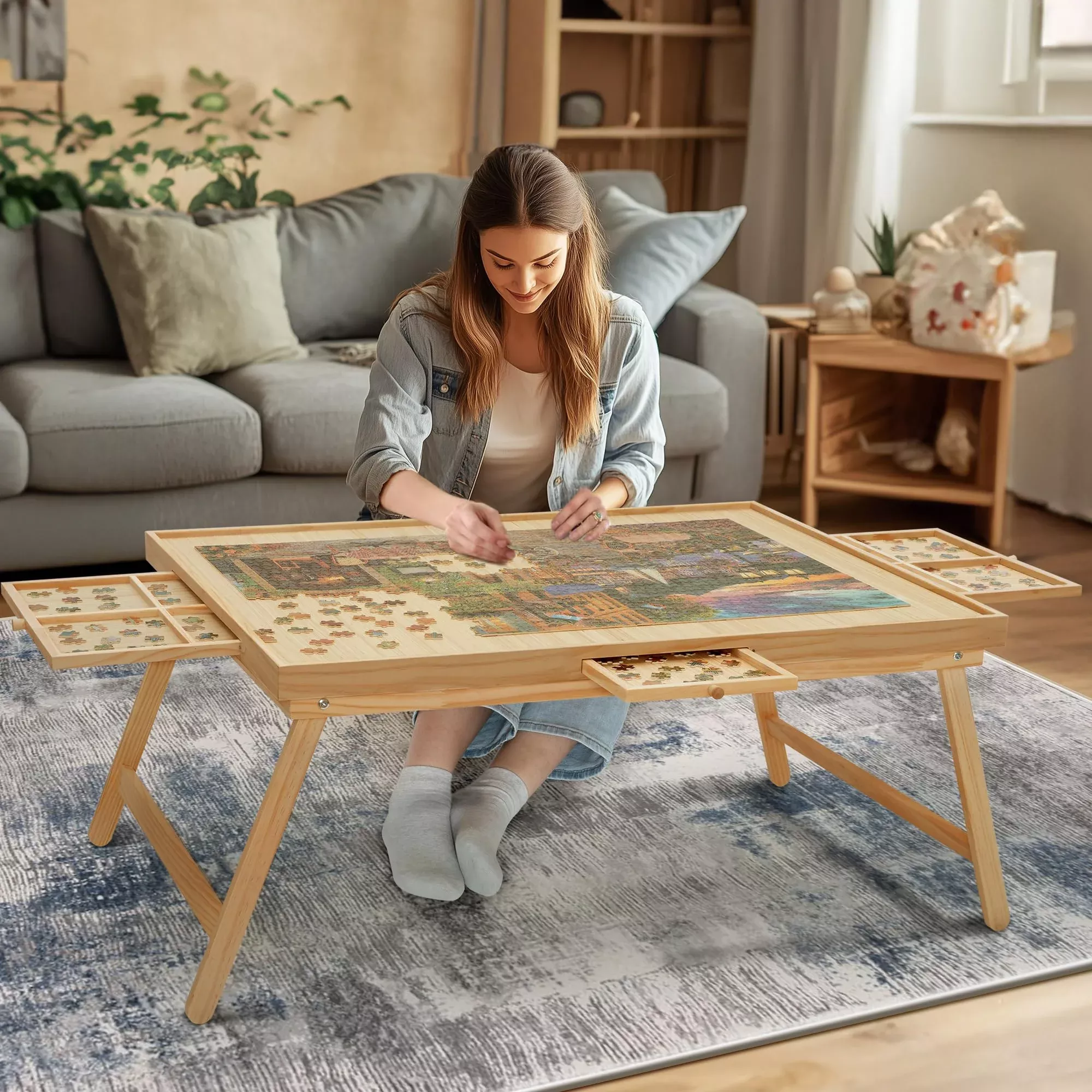 HALLYBEE Puzzle Table 2000 Pieces Natural Color with 4 Drawers